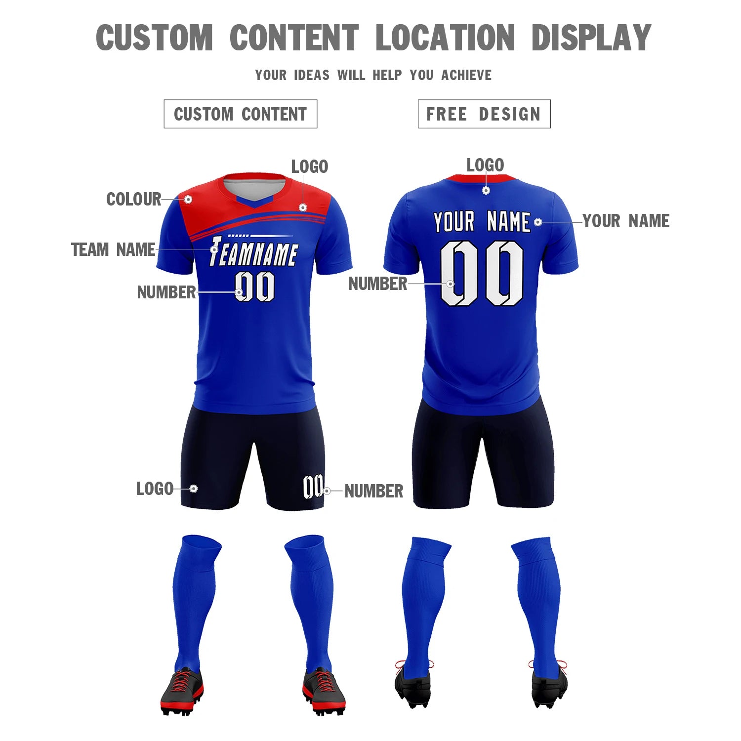 Custom Royal Blue Red Personalized Men Soccer Sets Jersey