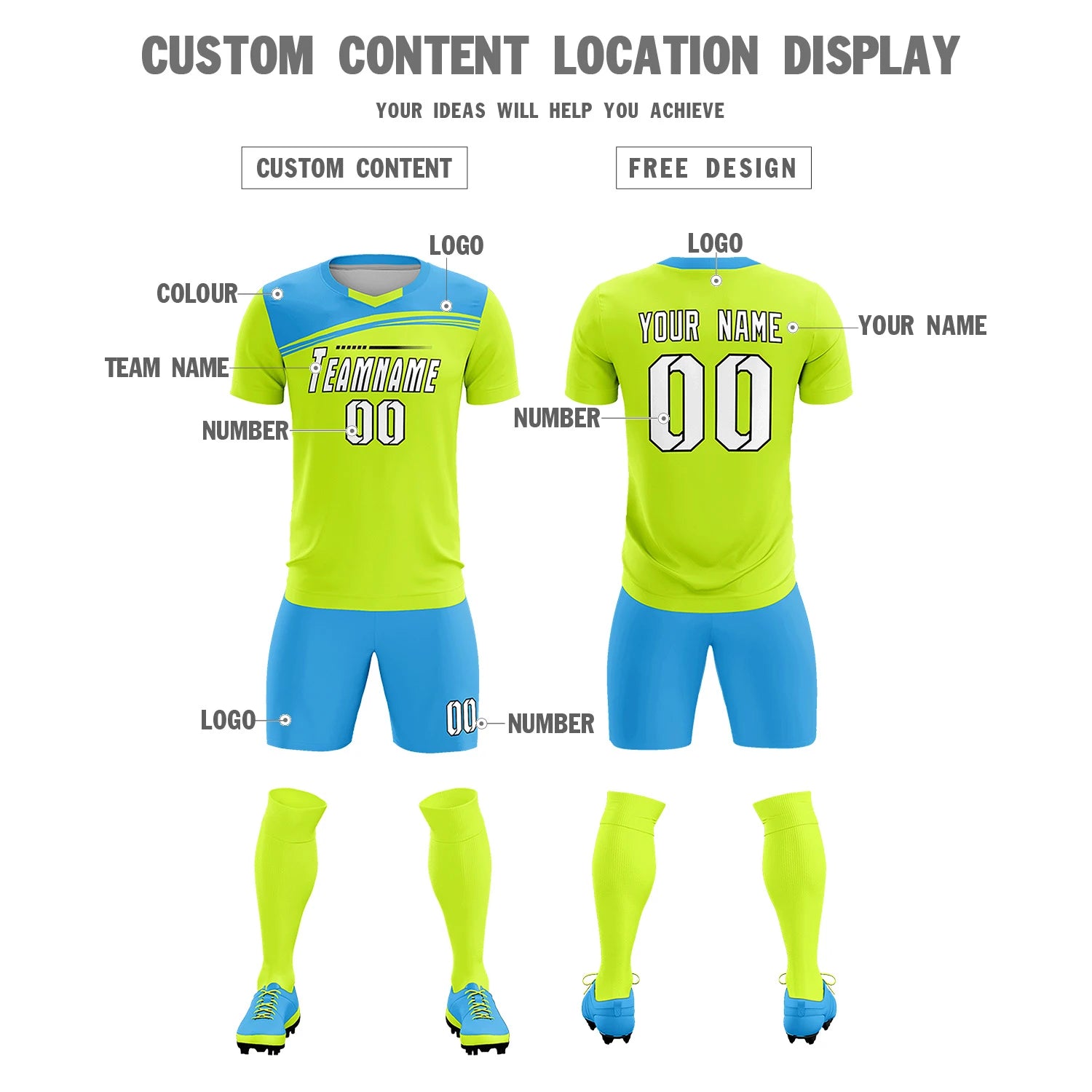 Custom Neon Green Powder Blue Personalized Men Soccer Sets Jersey