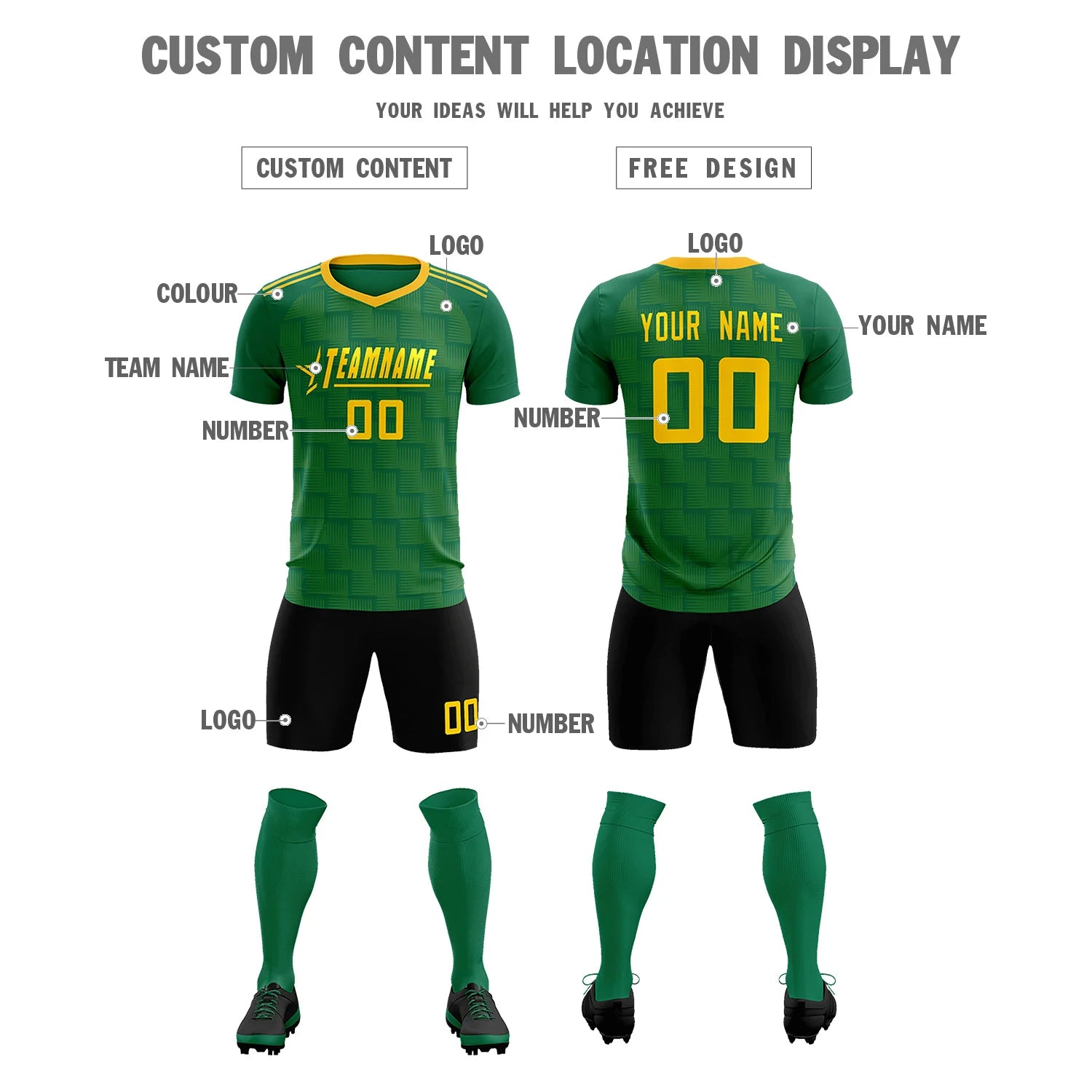 Custom Kelly Green Yellow Casual Outdoor Soccer Sets Jersey