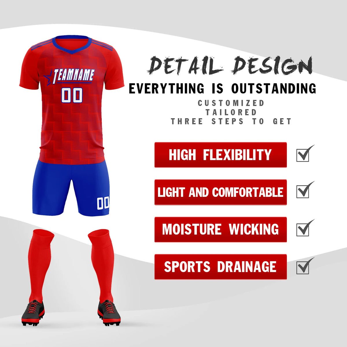 Custom Red Royal Blue Casual Outdoor Soccer Sets Jersey