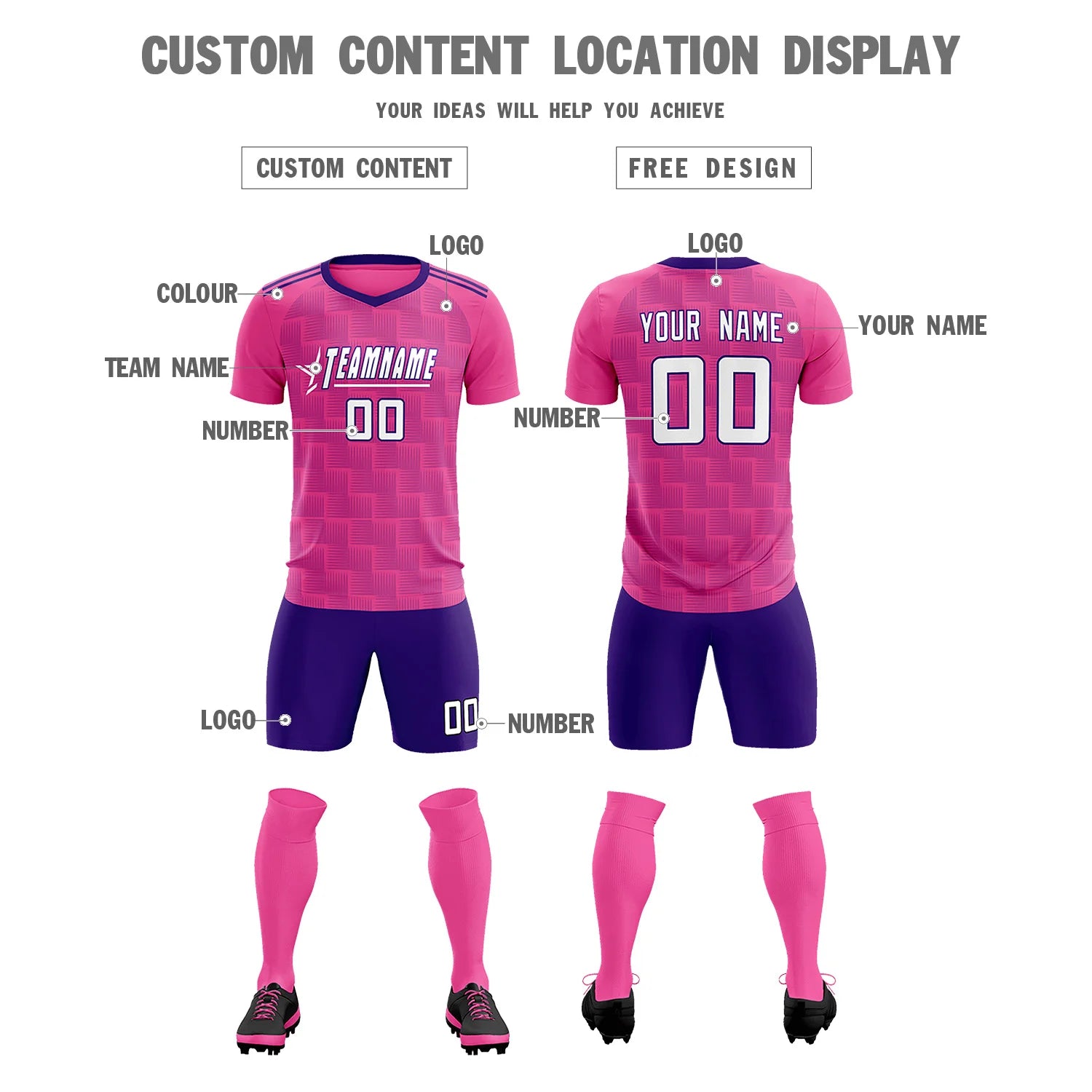 Custom Pink Purple Casual Outdoor Soccer Sets Jersey