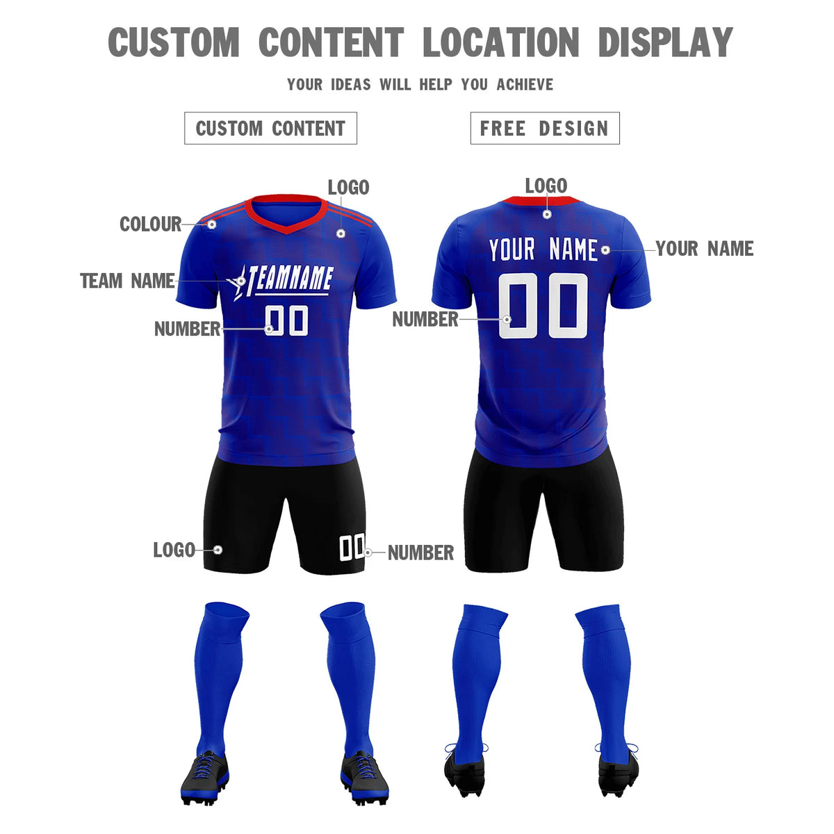 Custom Royal Blue Red Casual Outdoor Soccer Sets Jersey
