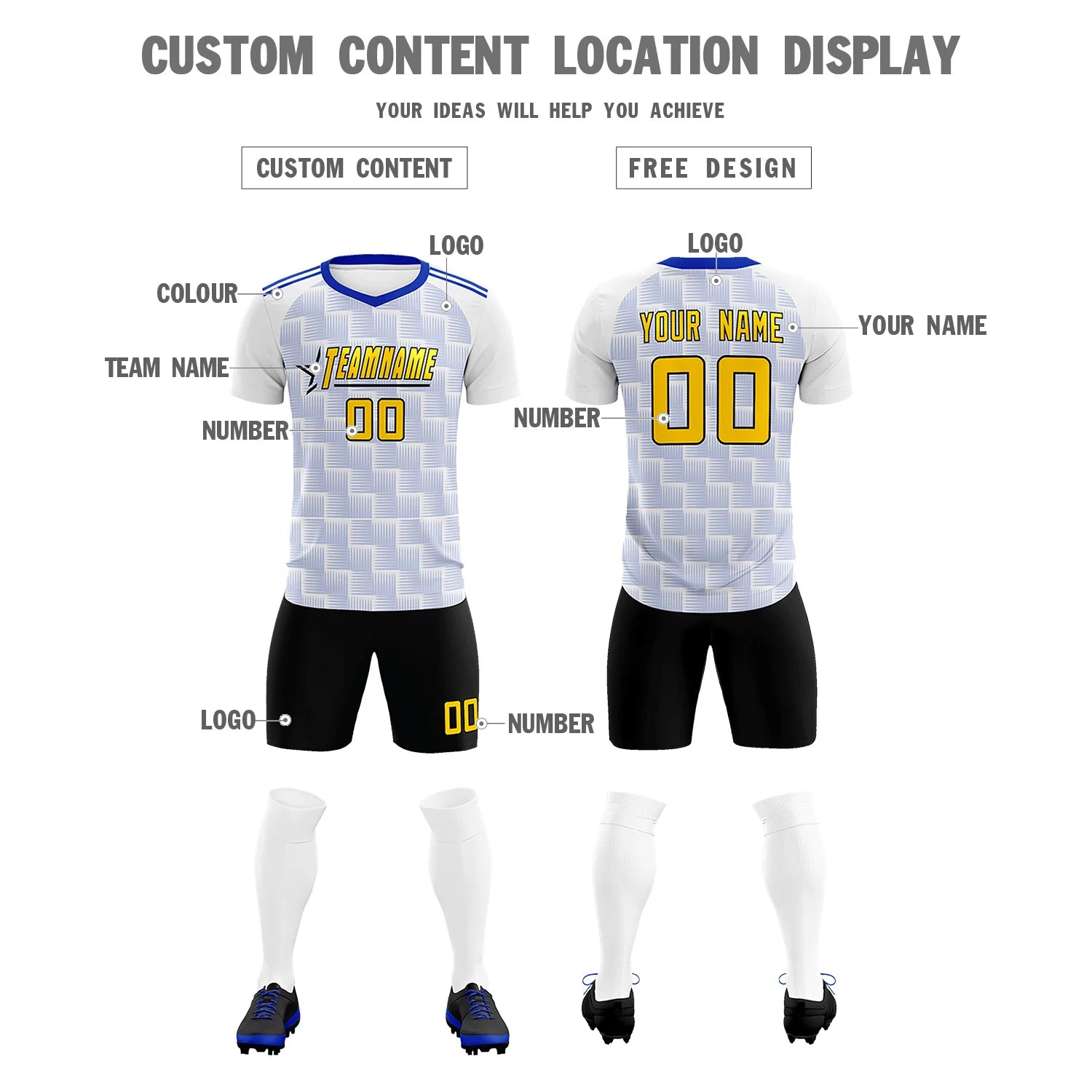 Custom White Royal Blue Casual Outdoor Soccer Sets Jersey