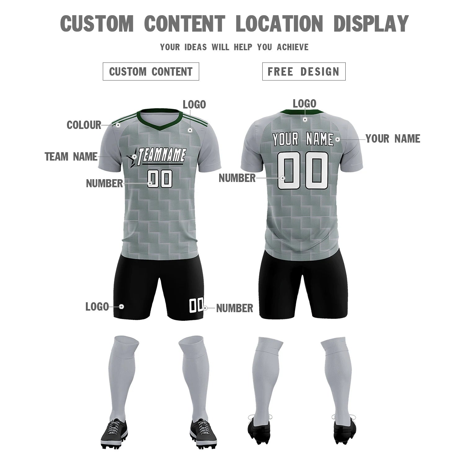 Custom Gray Green Casual Outdoor Soccer Sets Jersey