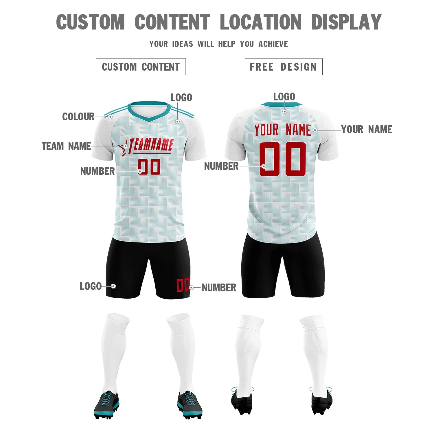 Custom White Aqua Casual Outdoor Soccer Sets Jersey