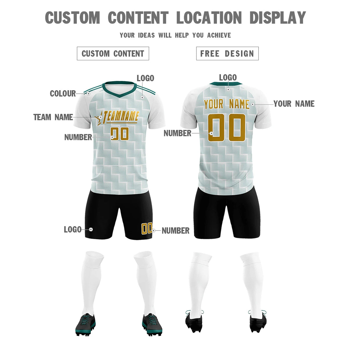Custom White Midnight Green Casual Outdoor Soccer Sets Jersey