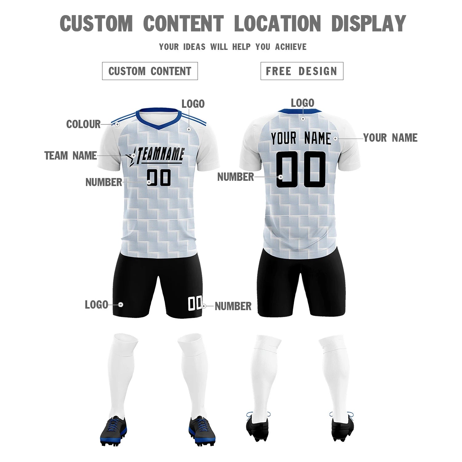 Custom White Royal Blue Casual Outdoor Soccer Sets Jersey