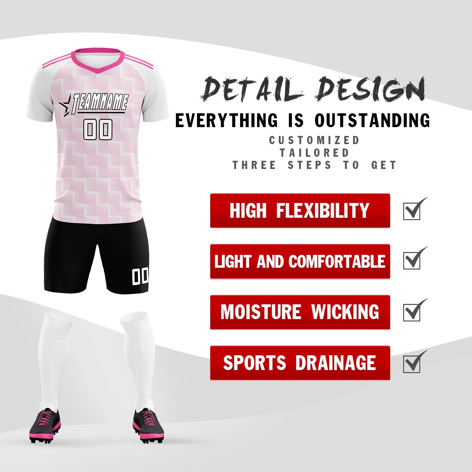 Custom White Pink Casual Outdoor Soccer Sets Jersey