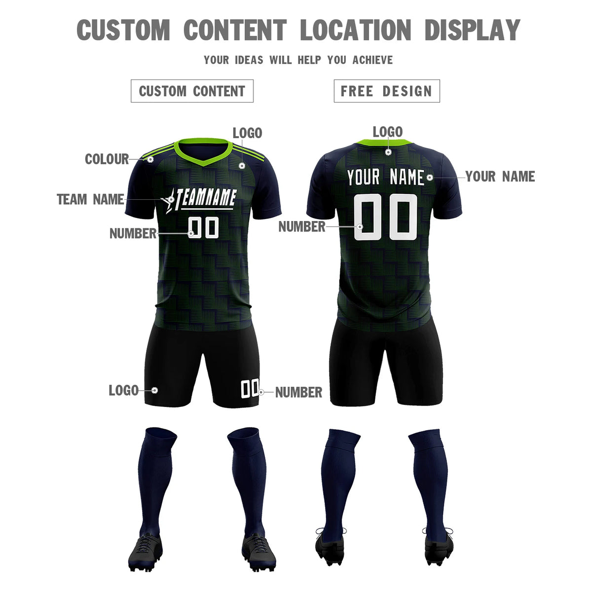 Custom Navy Neon Green Casual Outdoor Soccer Sets Jersey