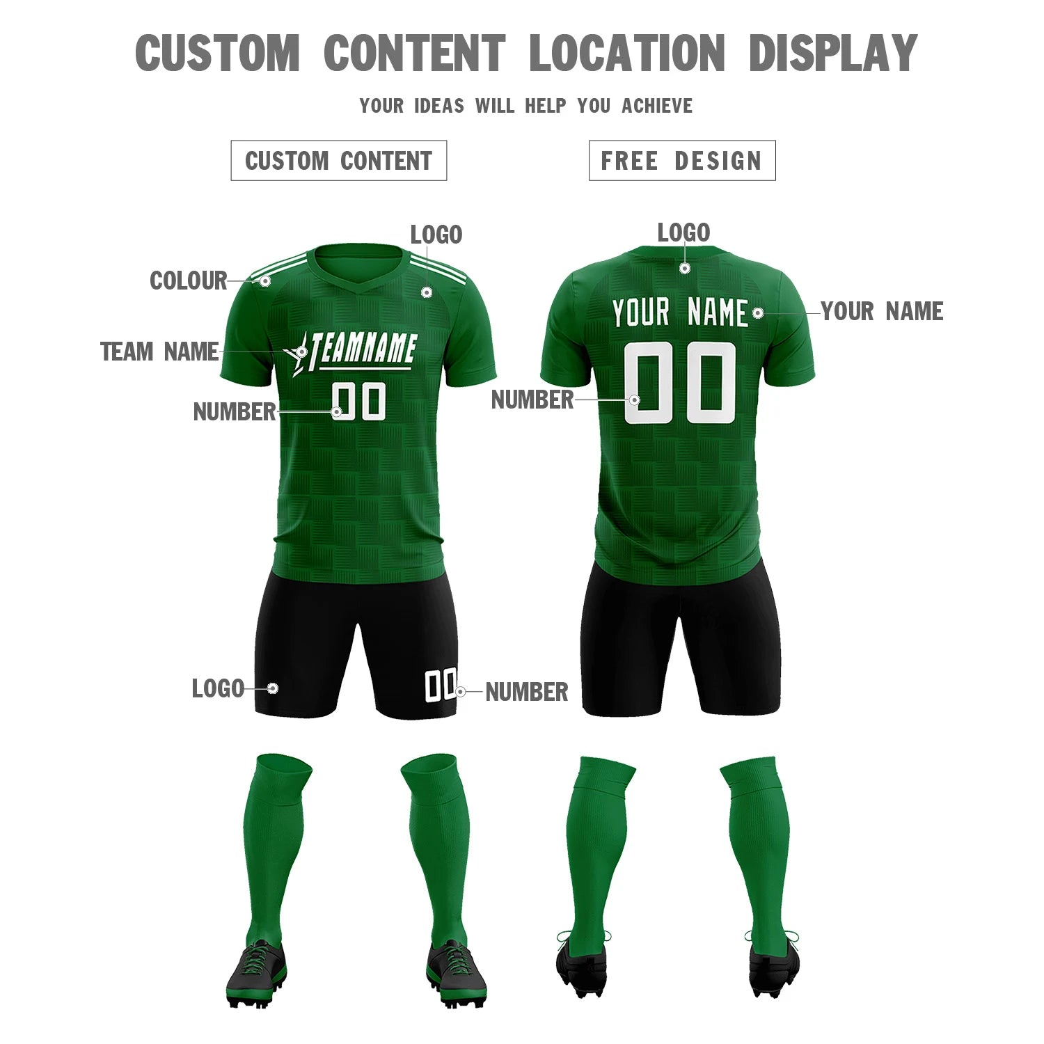 Custom Kelly Green Black Casual Outdoor Soccer Sets Jersey