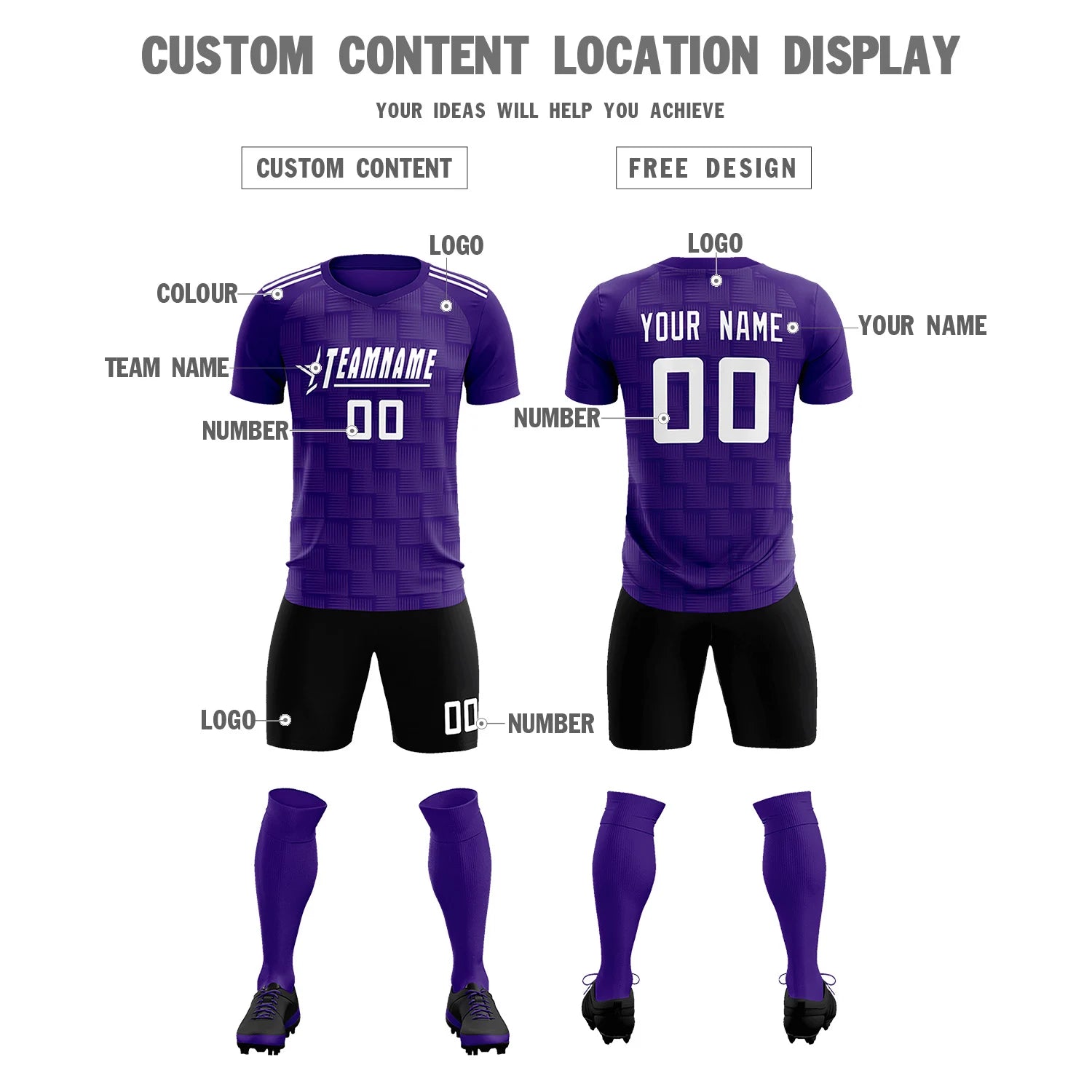 Custom Purple Black Casual Outdoor Soccer Sets Jersey