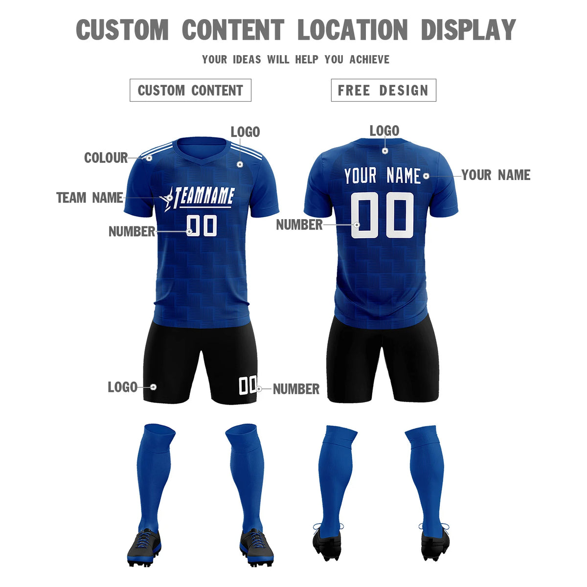 Custom Royal Blue Black Casual Outdoor Soccer Sets Jersey