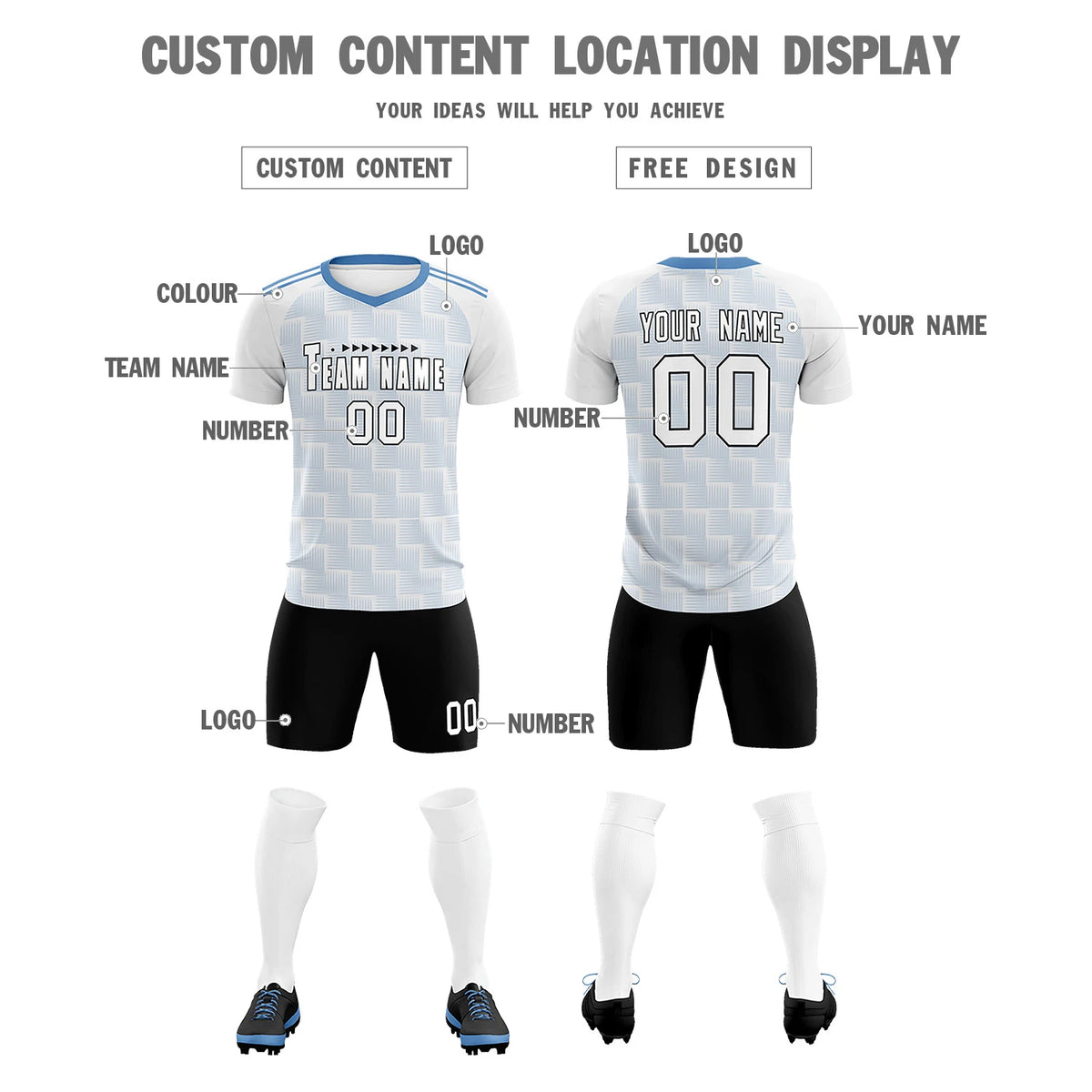 Custom White Light Blue Casual Outdoor Soccer Sets Jersey