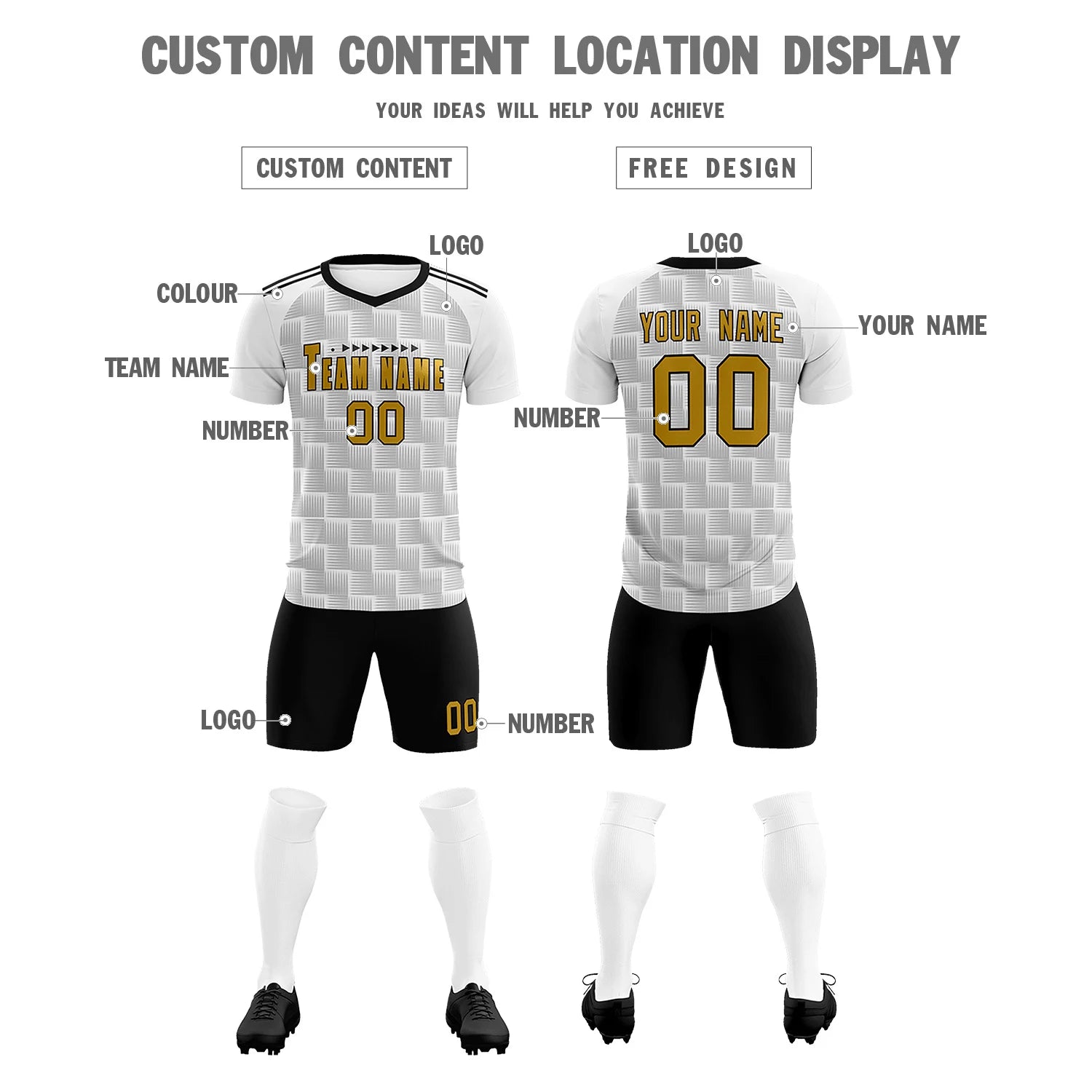 Custom White Black Casual Outdoor Soccer Sets Jersey