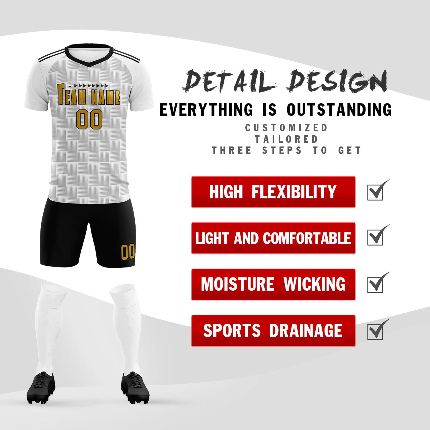 Custom White Black Casual Outdoor Soccer Sets Jersey