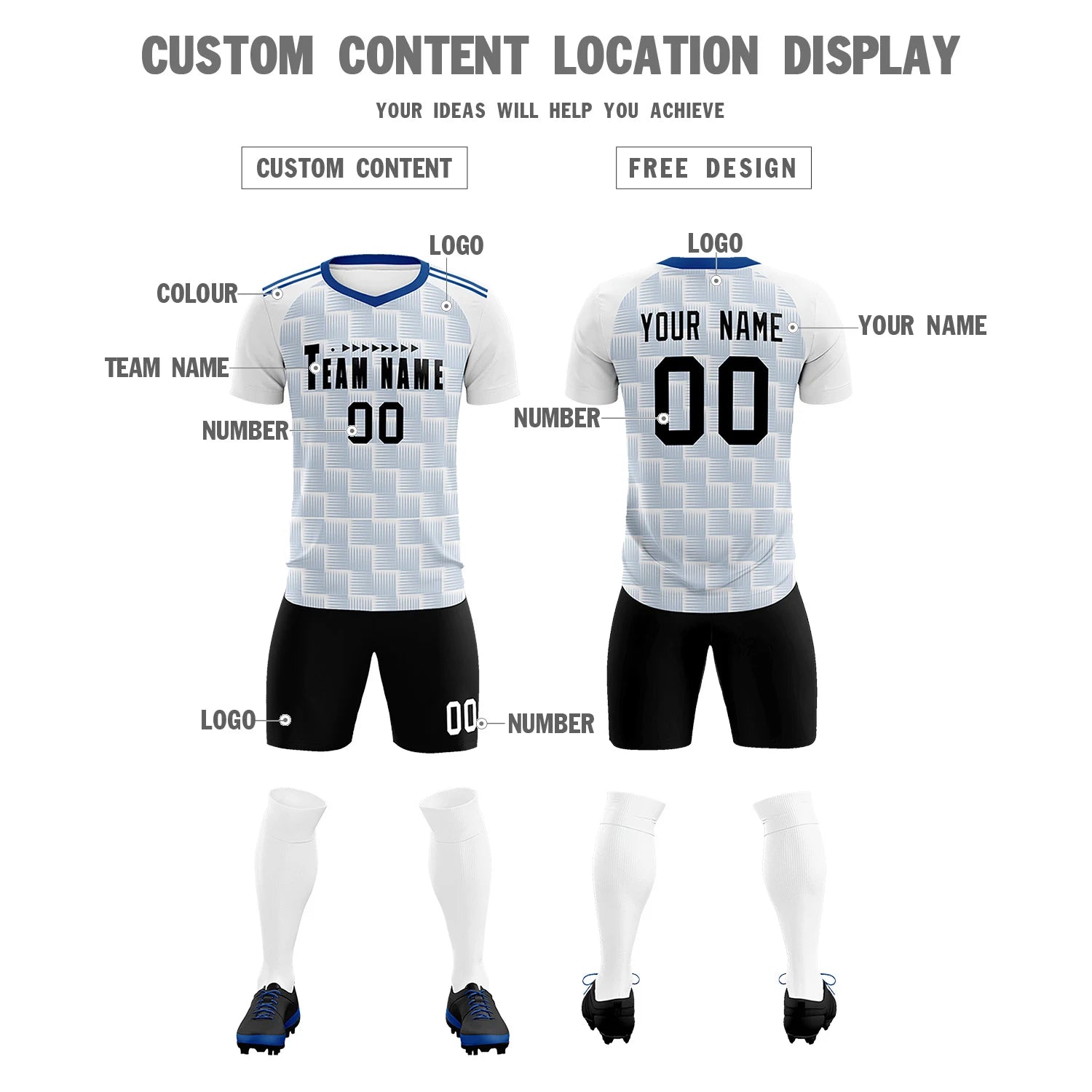 Custom White Royal Blue Casual Outdoor Soccer Sets Jersey