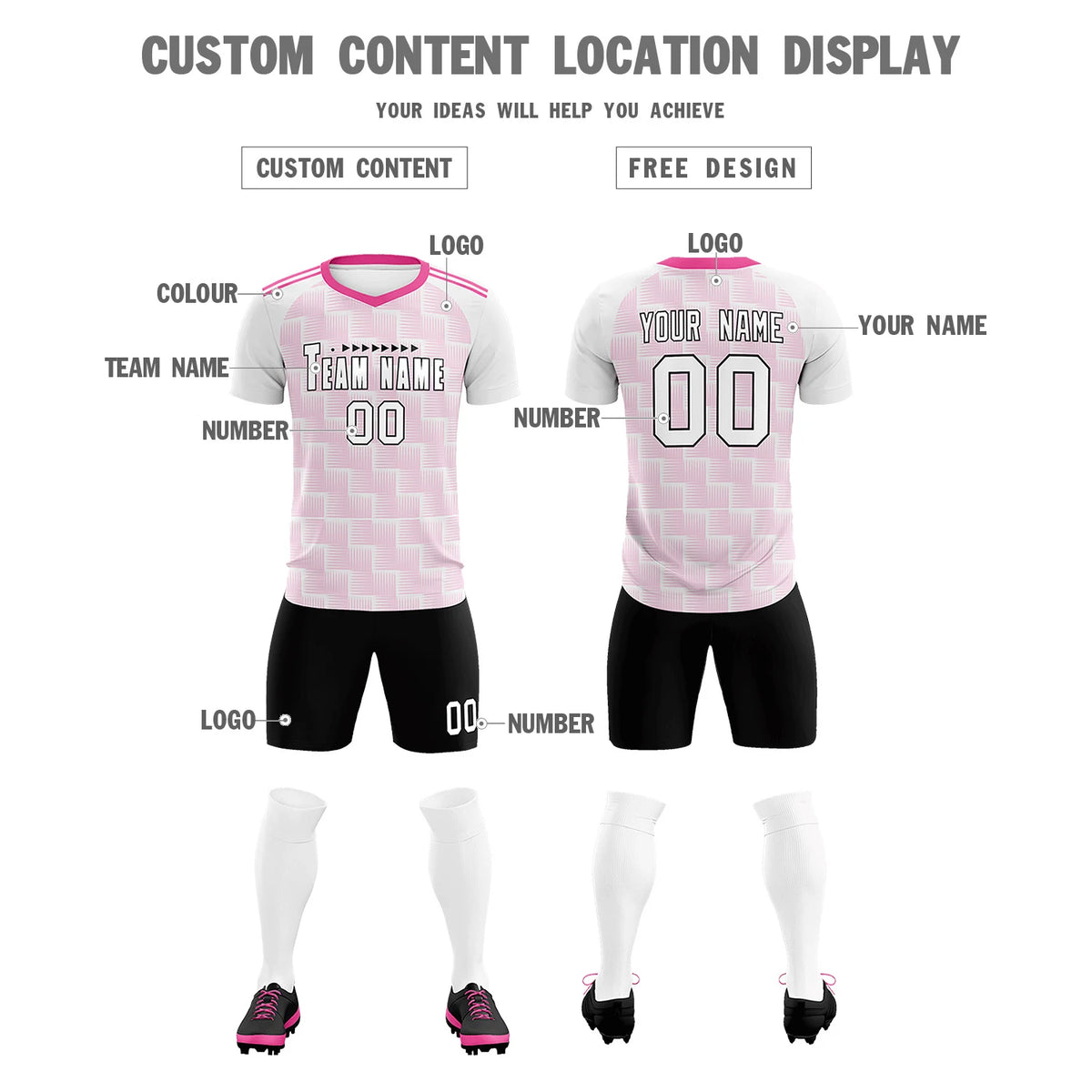 Custom White Pink Casual Outdoor Soccer Sets Jersey