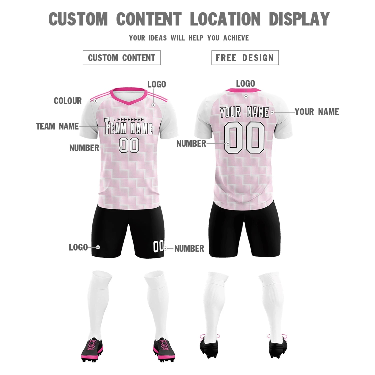 Custom White Pink Casual Outdoor Soccer Sets Jersey