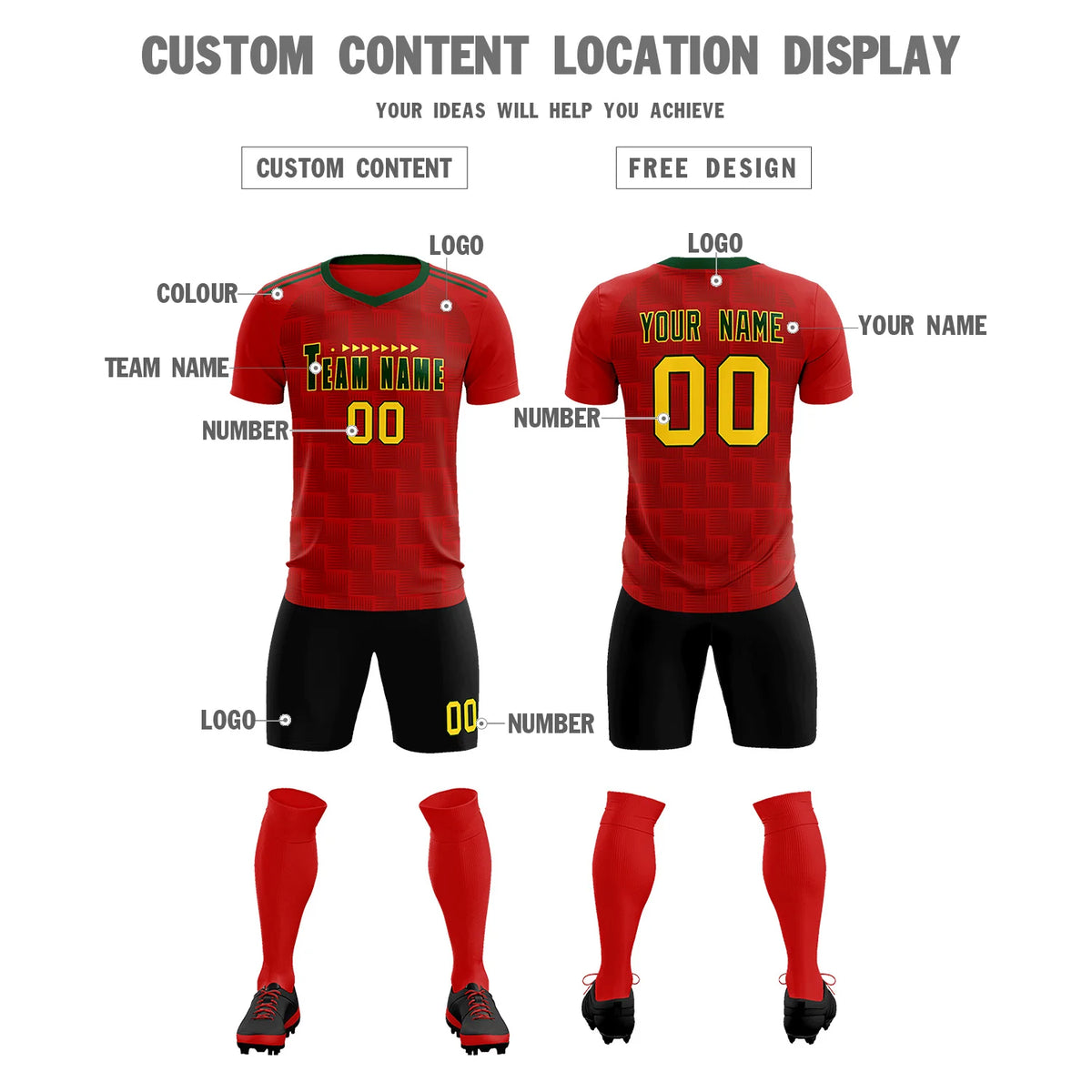 Custom Red Green Casual Outdoor Soccer Sets Jersey