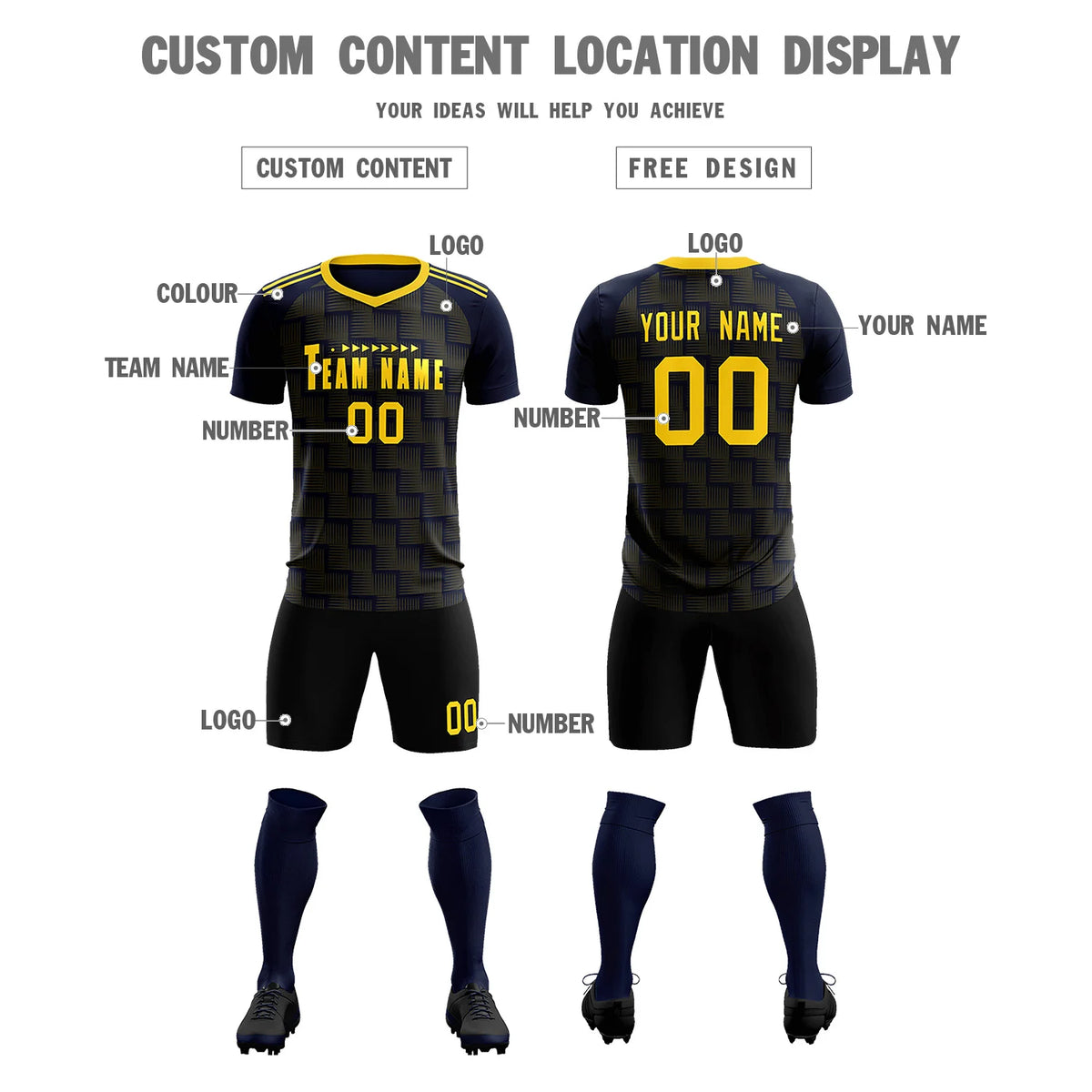 Custom Navy Gold01 Casual Outdoor Soccer Sets Jersey