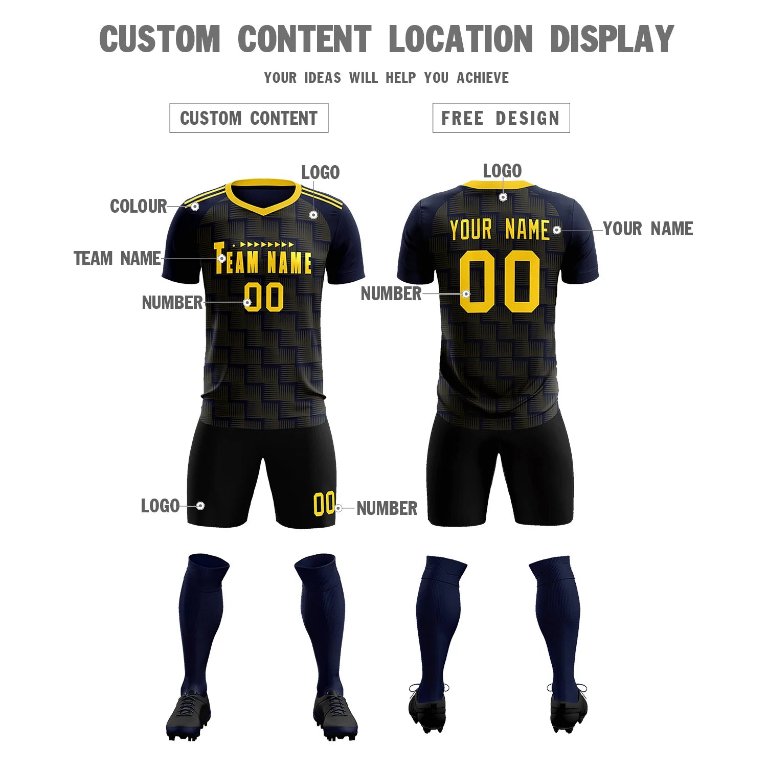 Custom Navy Gold01 Casual Outdoor Soccer Sets Jersey