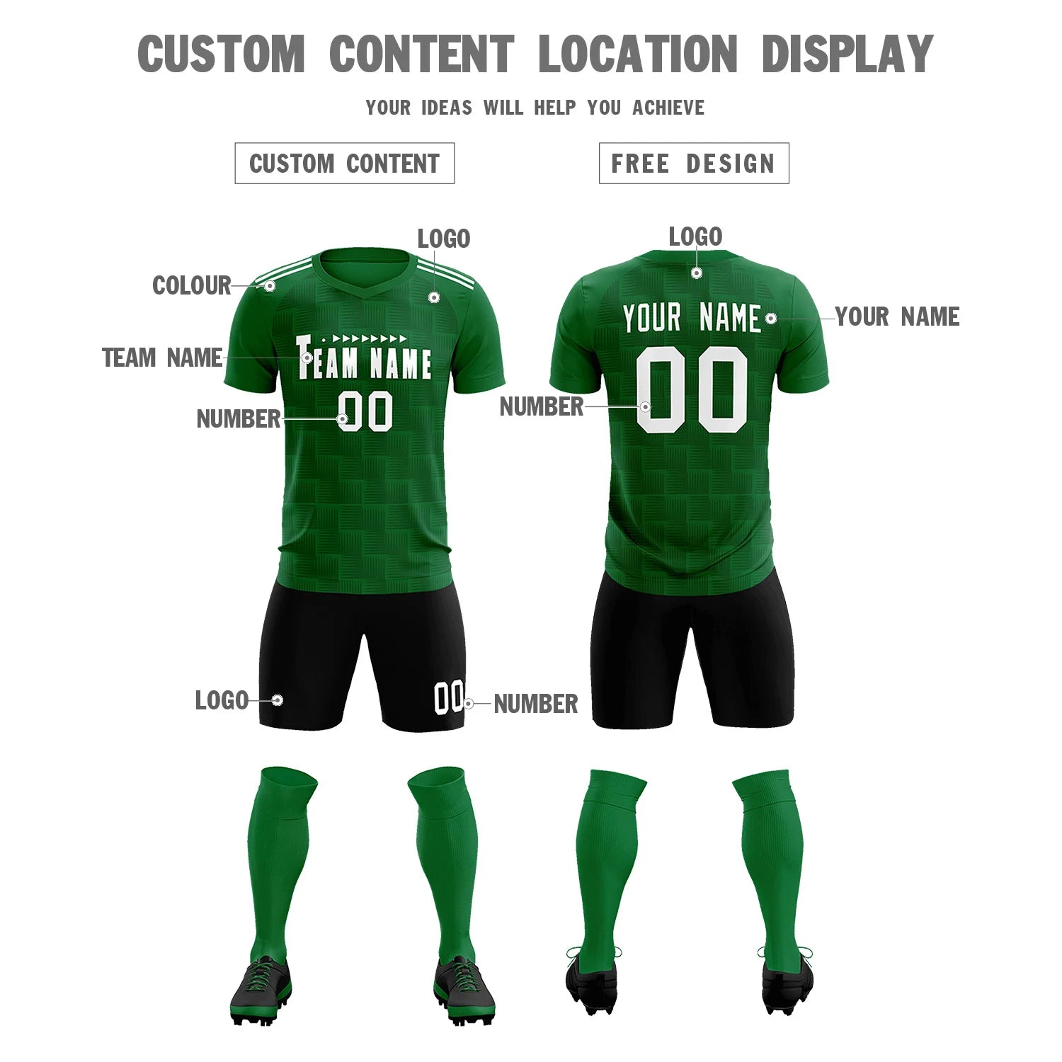 Custom Kelly Green Black Casual Outdoor Soccer Sets Jersey
