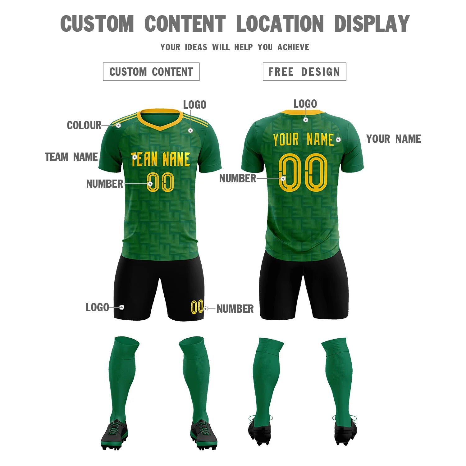 Custom Kelly Green Yellow Casual Outdoor Soccer Sets Jersey