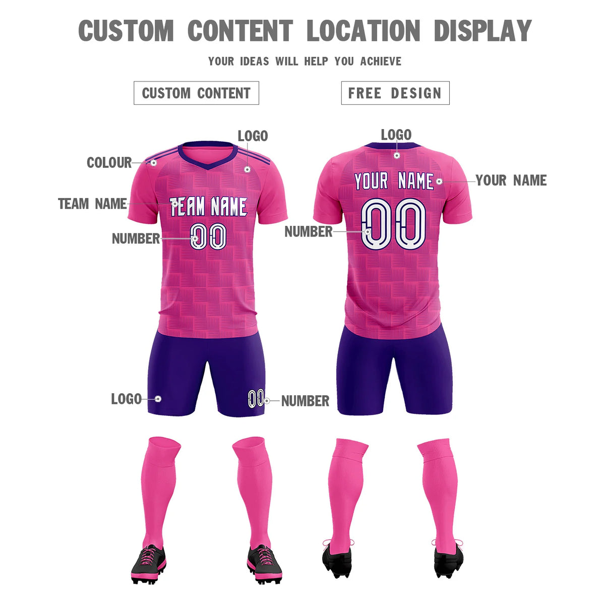 Custom Pink Purple Casual Outdoor Soccer Sets Jersey