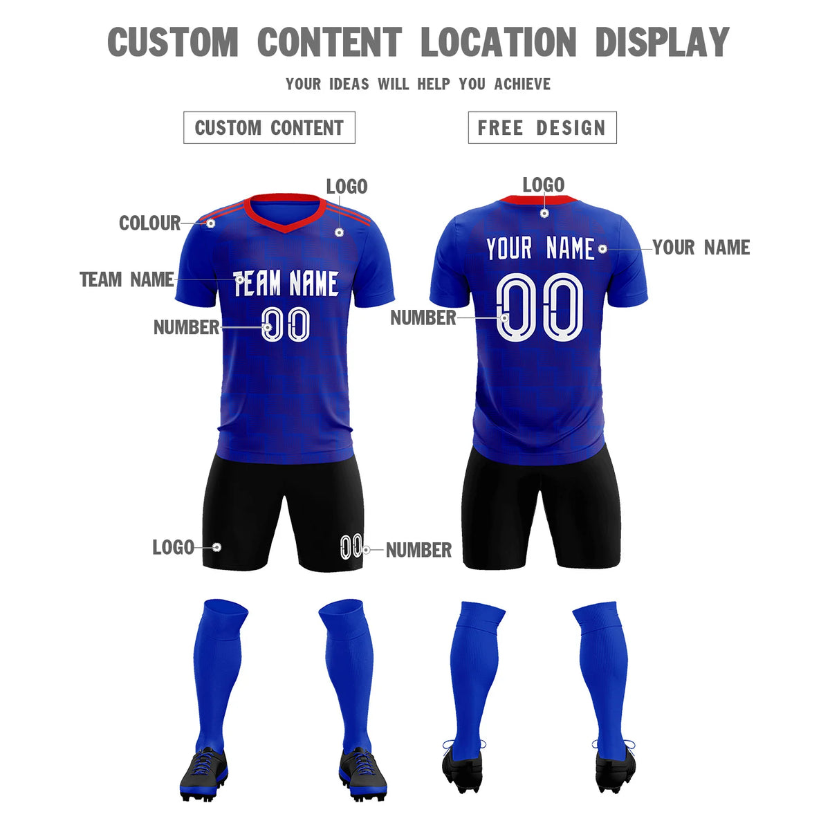 Custom Royal Blue Red Casual Outdoor Soccer Sets Jersey