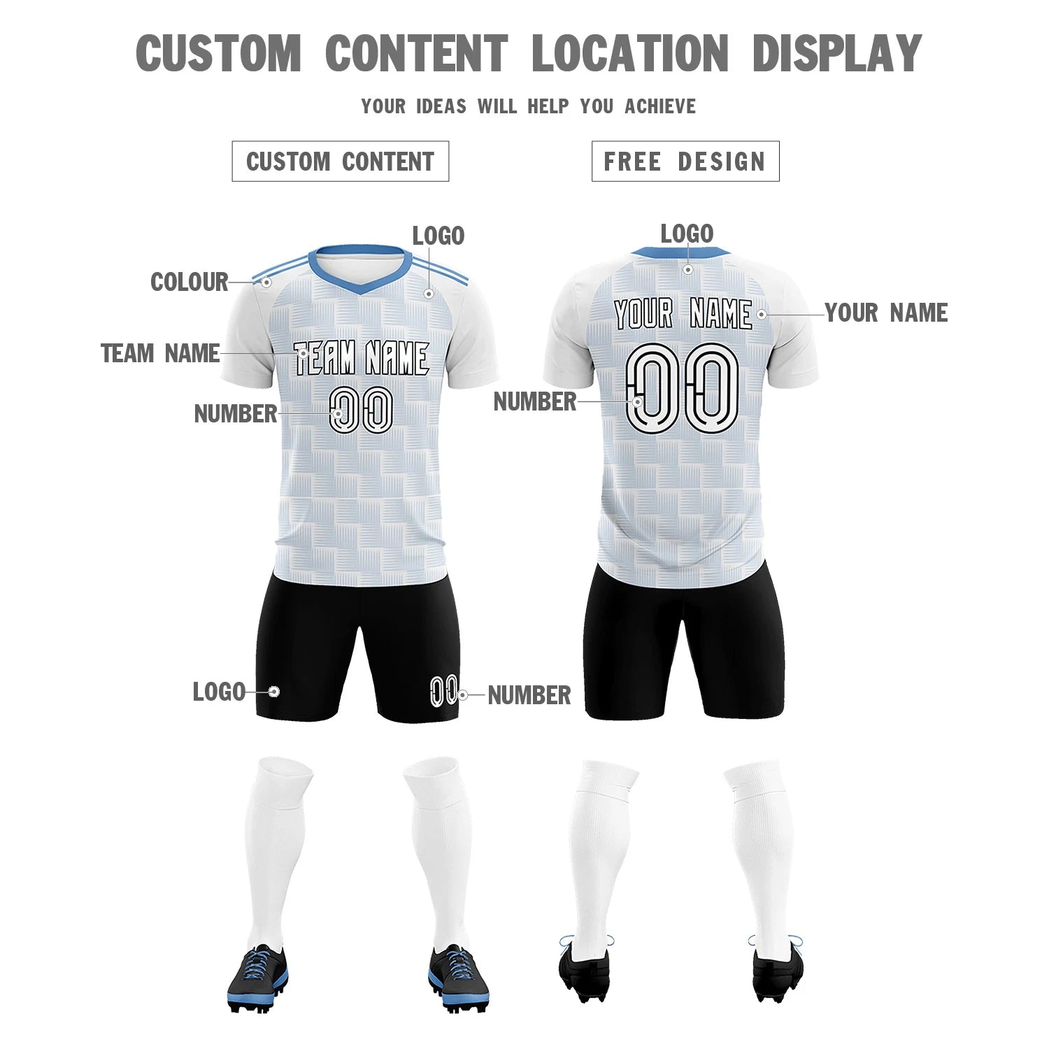 Custom White Light Blue Casual Outdoor Soccer Sets Jersey