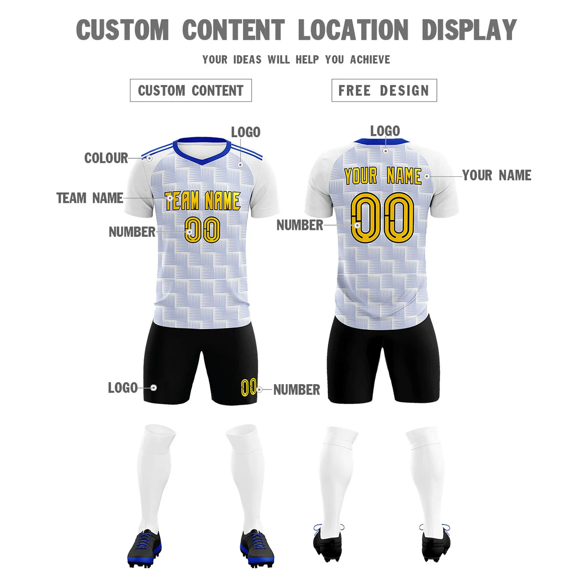 Custom White Royal Blue Casual Outdoor Soccer Sets Jersey