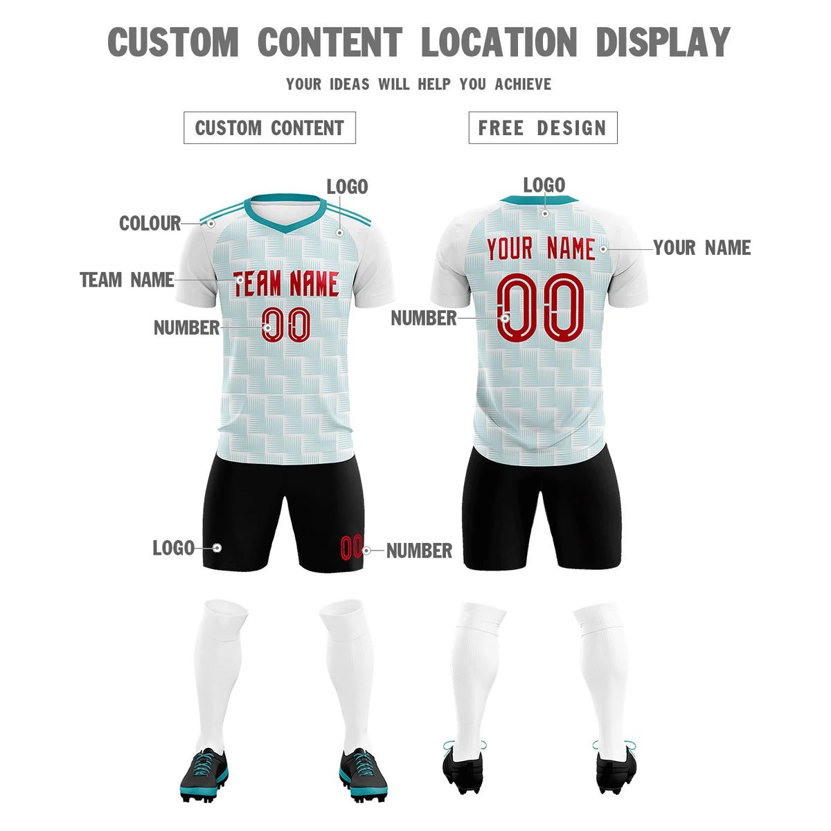 Custom White Aqua Casual Outdoor Soccer Sets Jersey