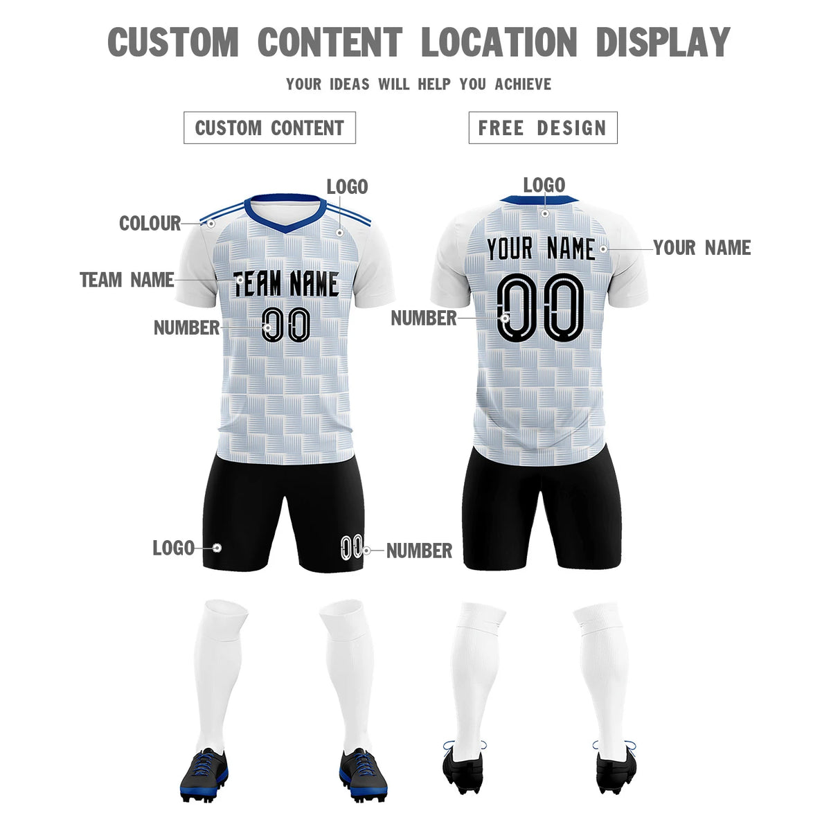 Custom White Royal Blue Casual Outdoor Soccer Sets Jersey