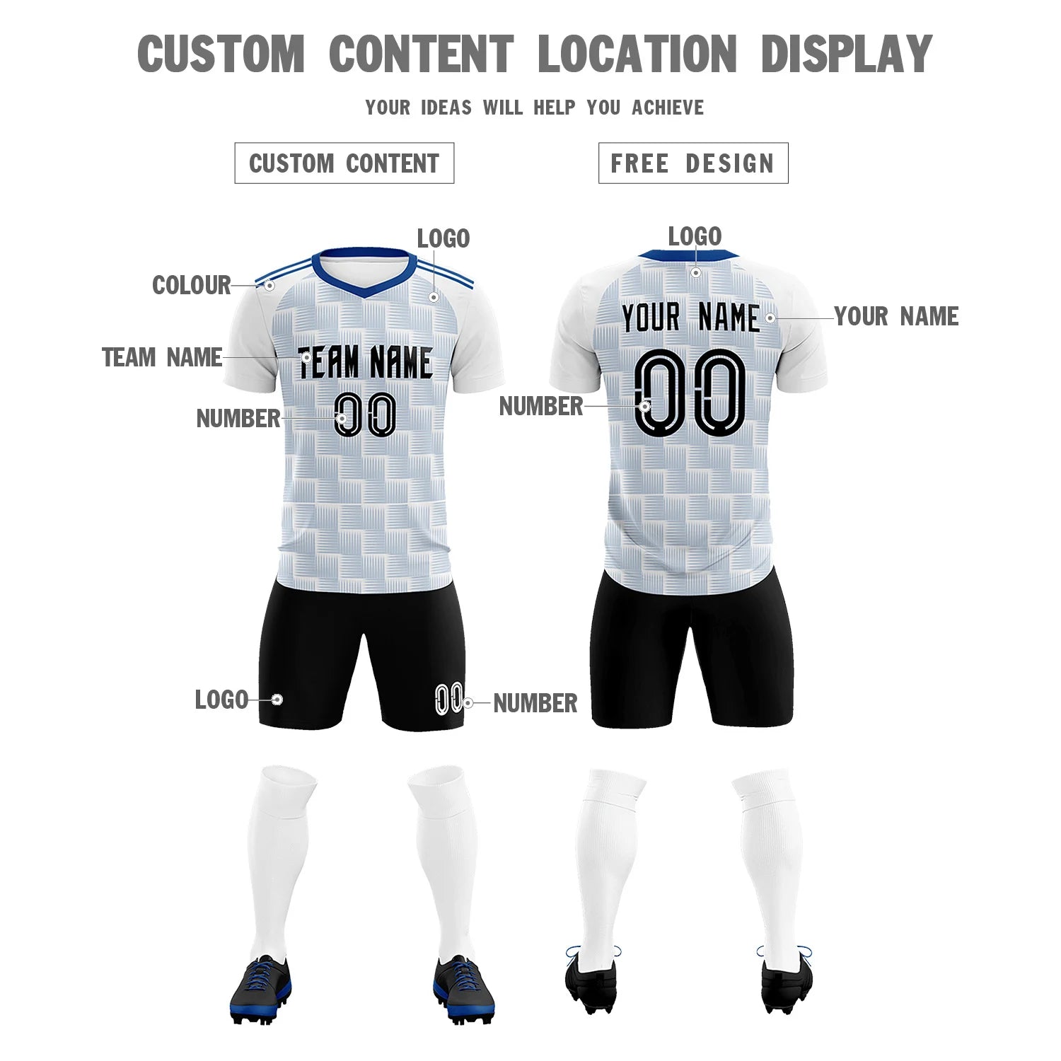 Custom White Royal Blue Casual Outdoor Soccer Sets Jersey