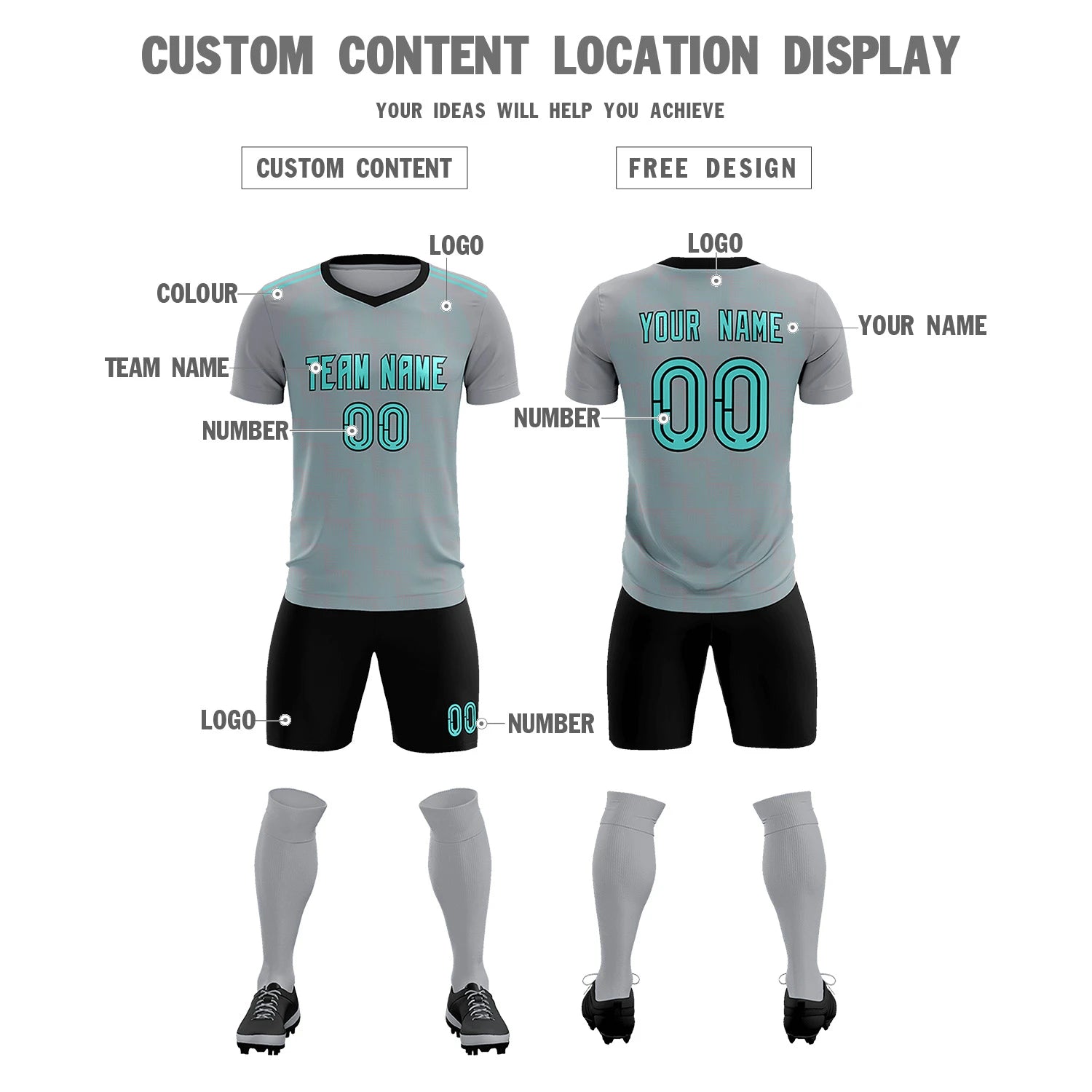 Custom Gray Black Casual Outdoor Soccer Sets Jersey