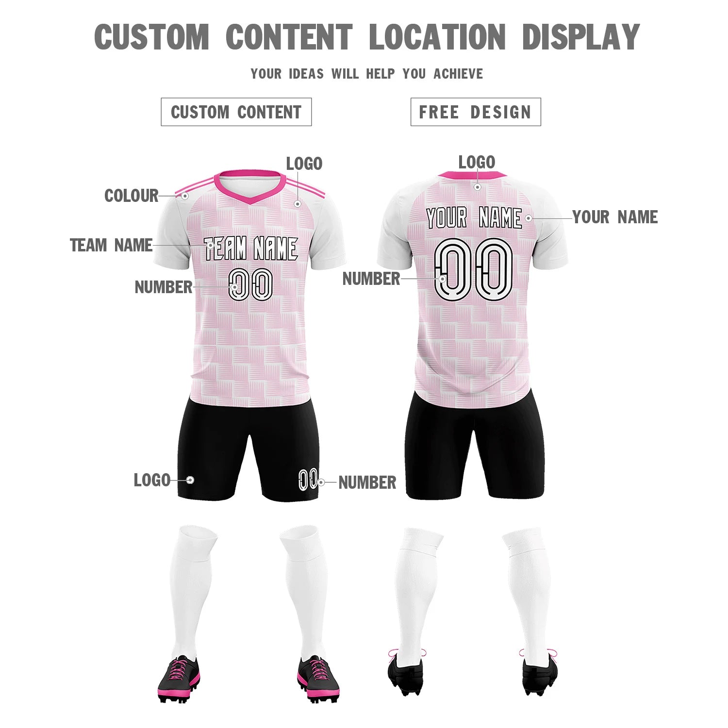 Custom White Pink Casual Outdoor Soccer Sets Jersey