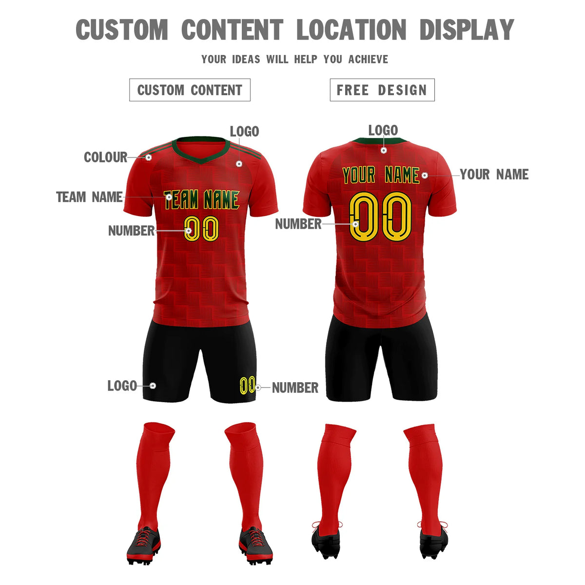 Custom Red Green Casual Outdoor Soccer Sets Jersey