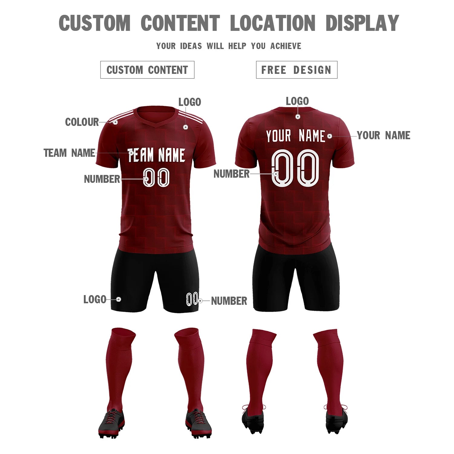 Custom Crimson Black Casual Outdoor Soccer Sets Jersey