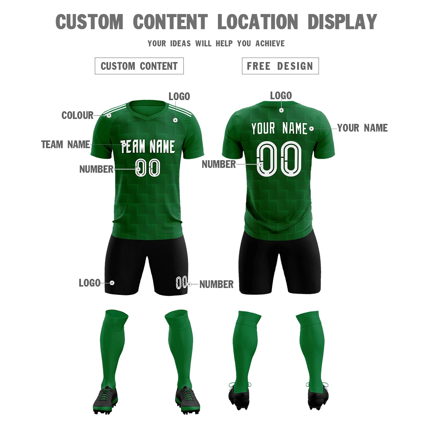 Custom Kelly Green Black Casual Outdoor Soccer Sets Jersey