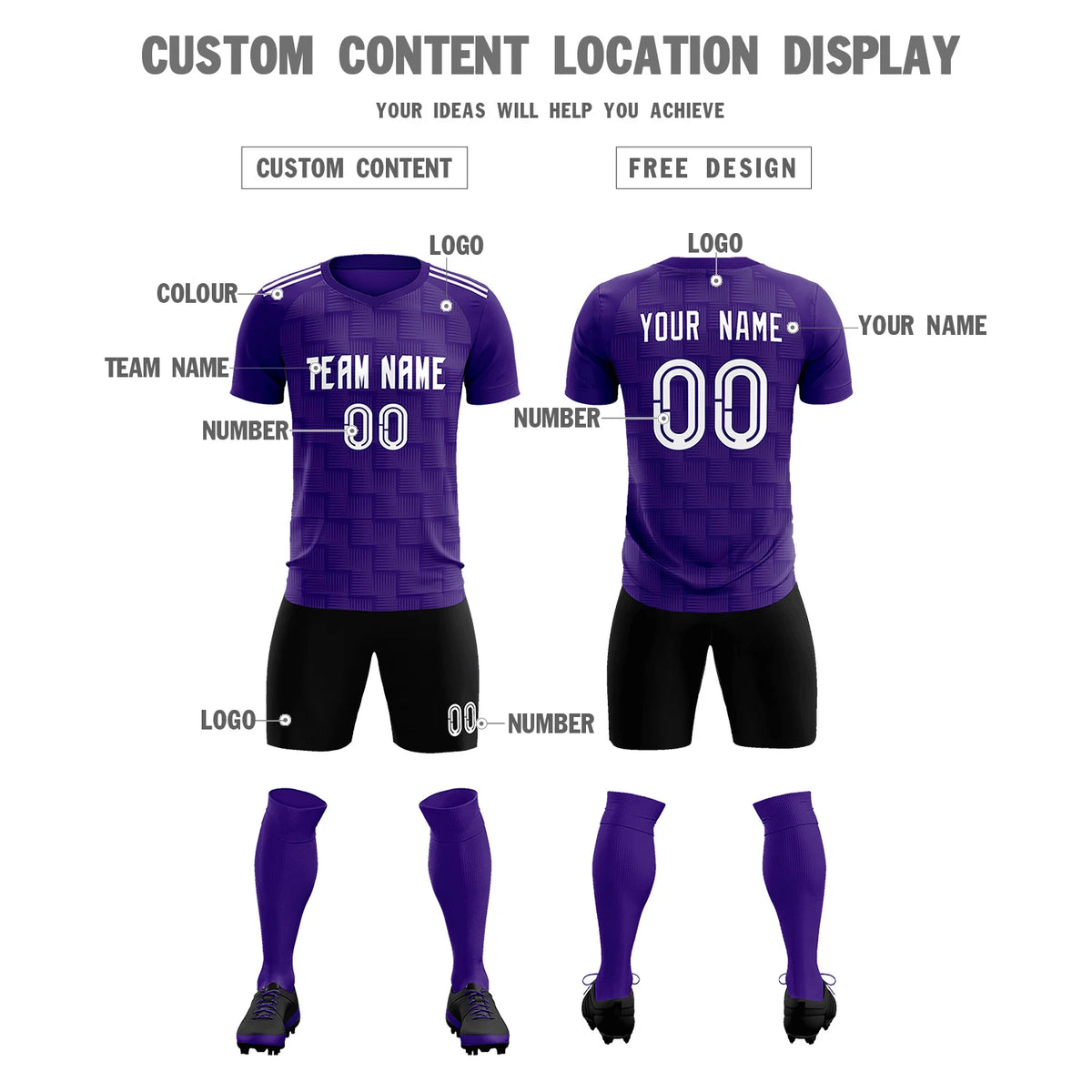Custom Purple Black Casual Outdoor Soccer Sets Jersey