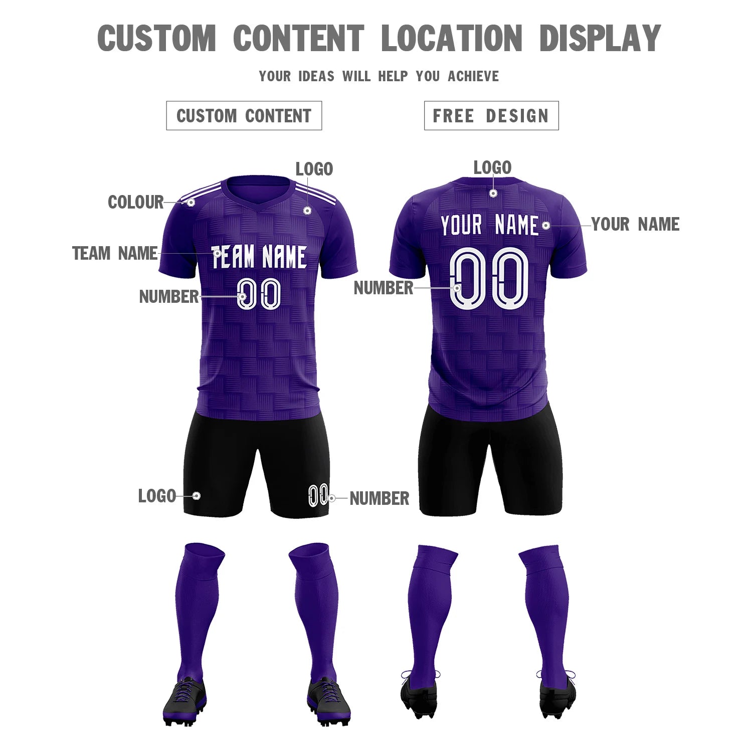 Custom Purple Black Casual Outdoor Soccer Sets Jersey