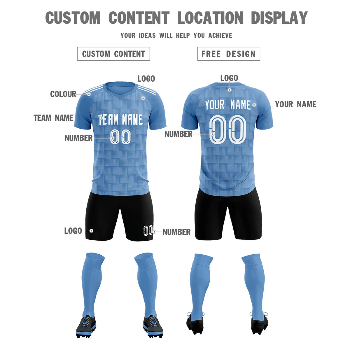 Custom Light Blue Black Casual Outdoor Soccer Sets Jersey