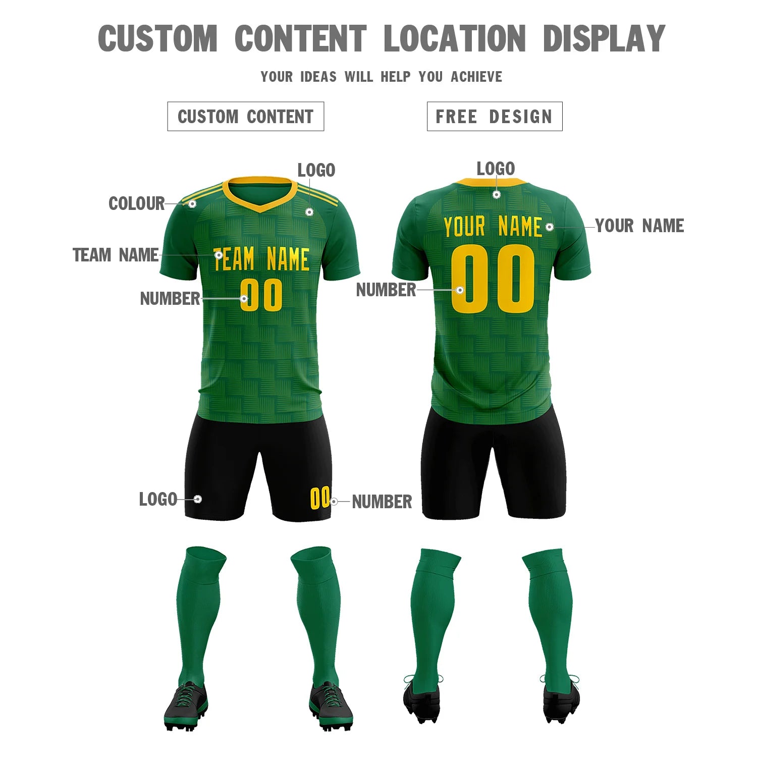 Custom Kelly Green Yellow Casual Outdoor Soccer Sets Jersey