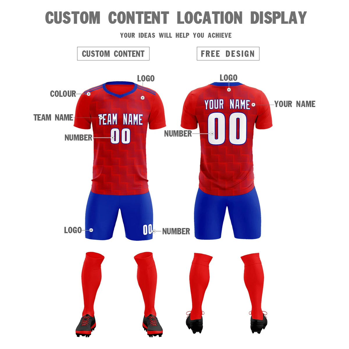 Custom Red Royal Blue Casual Outdoor Soccer Sets Jersey