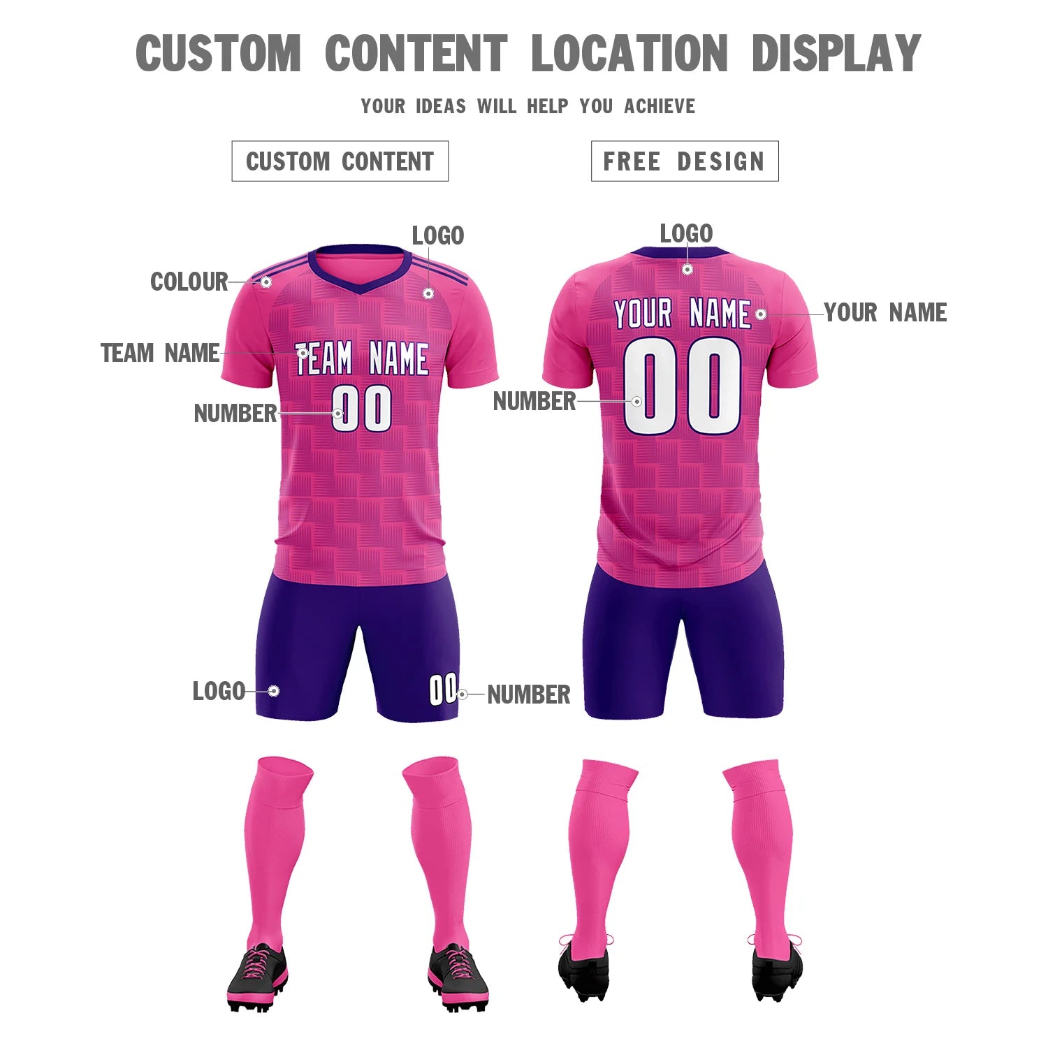 Custom Pink Purple Casual Outdoor Soccer Sets Jersey