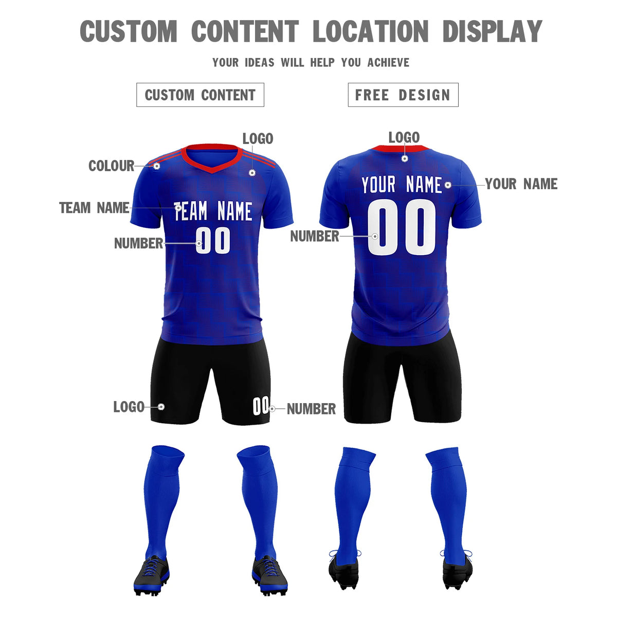 Custom Royal Blue Red Casual Outdoor Soccer Sets Jersey