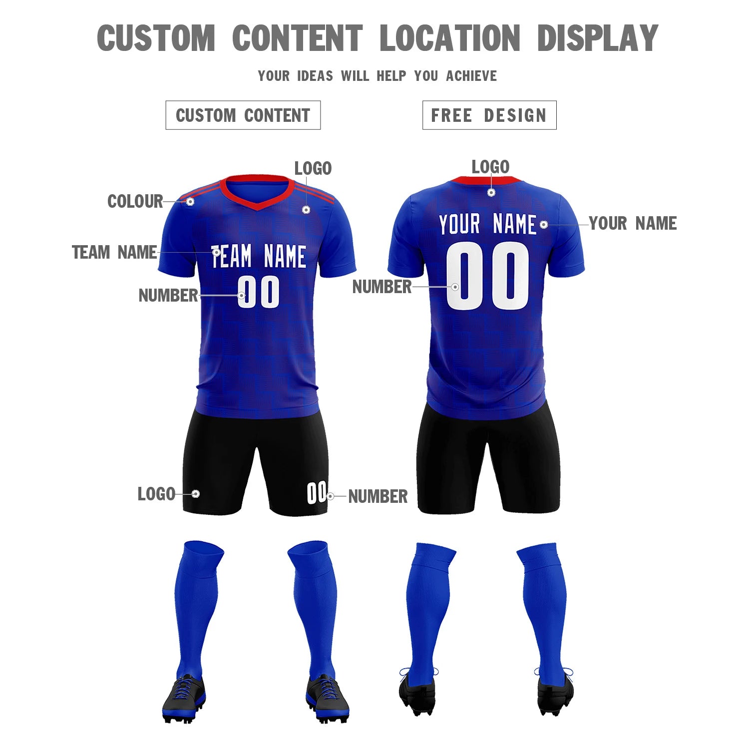 Custom Royal Blue Red Casual Outdoor Soccer Sets Jersey
