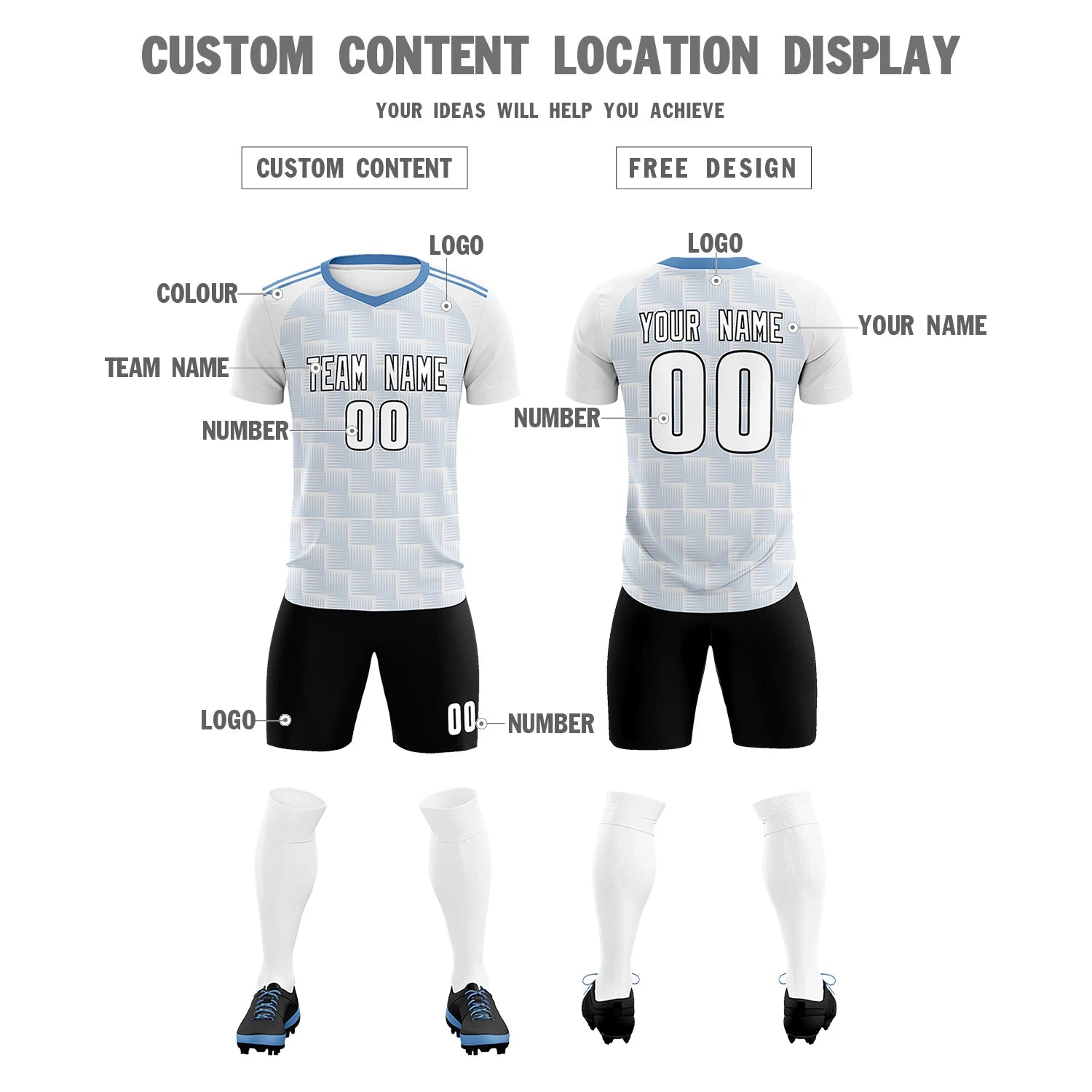 Custom White Light Blue Casual Outdoor Soccer Sets Jersey
