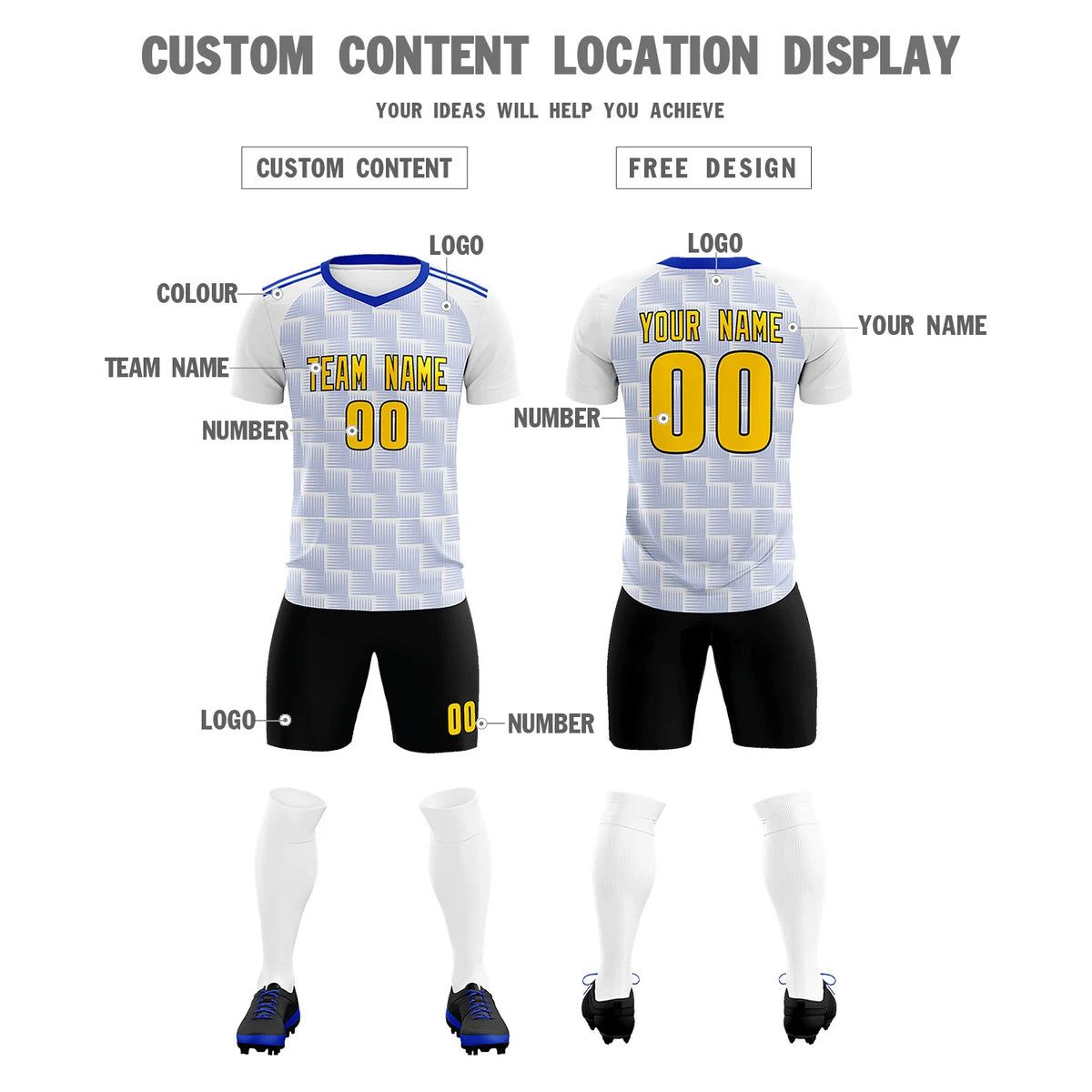 Custom White Royal Blue Casual Outdoor Soccer Sets Jersey