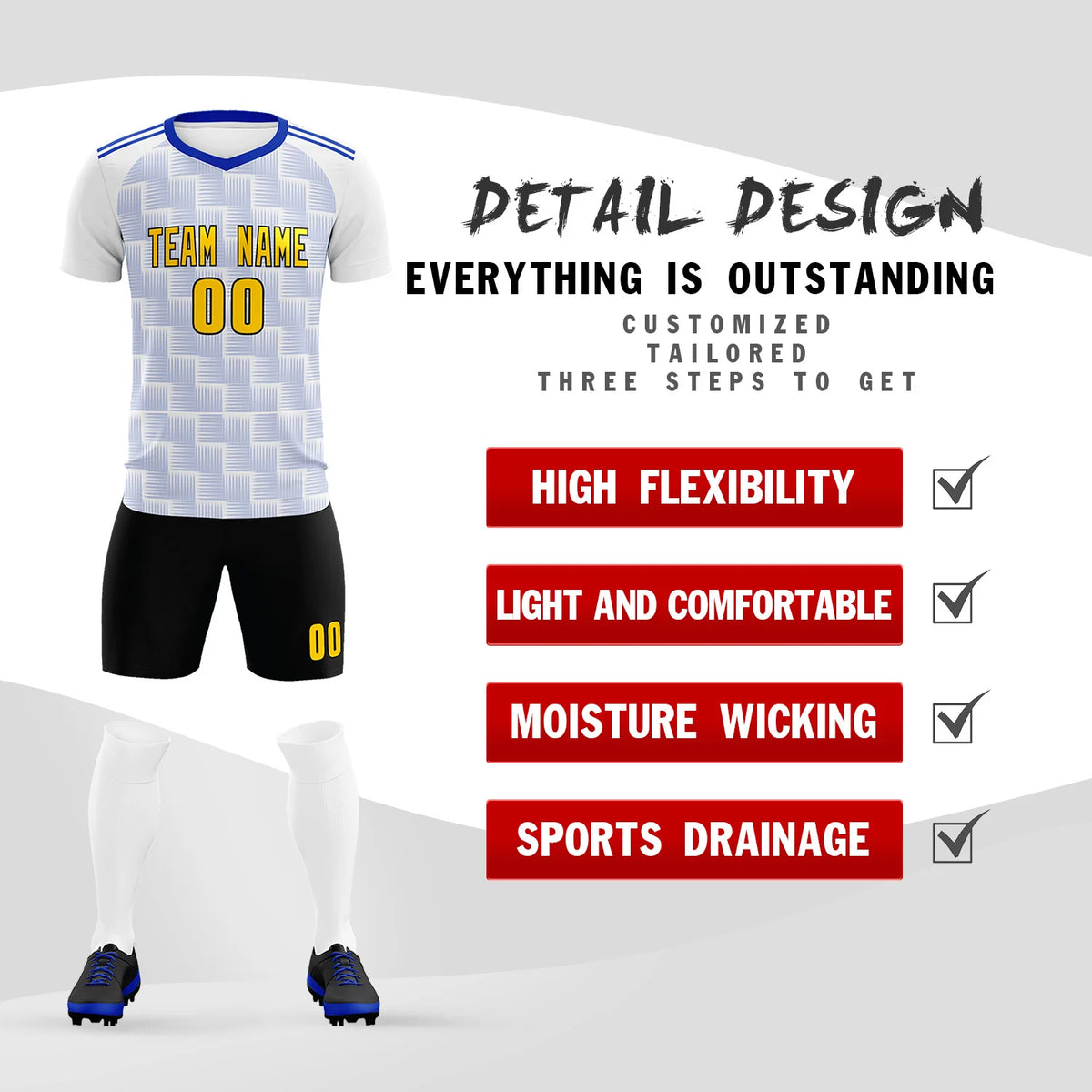 Custom White Royal Blue Casual Outdoor Soccer Sets Jersey